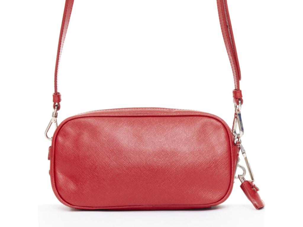 Donna PRADA 2011 Runway Saffiano Buckle Camera red leather silver buckle crossbody bag in vendita