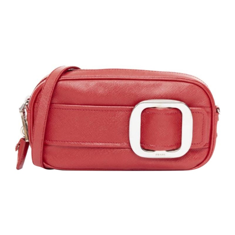 PRADA 2011 Runway Saffiano Buckle Camera red leather silver buckle crossbody bag in vendita
