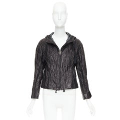 PRADA 2011 Vintage black 100% lambskin crinkled hooded jacket IT36 XXS