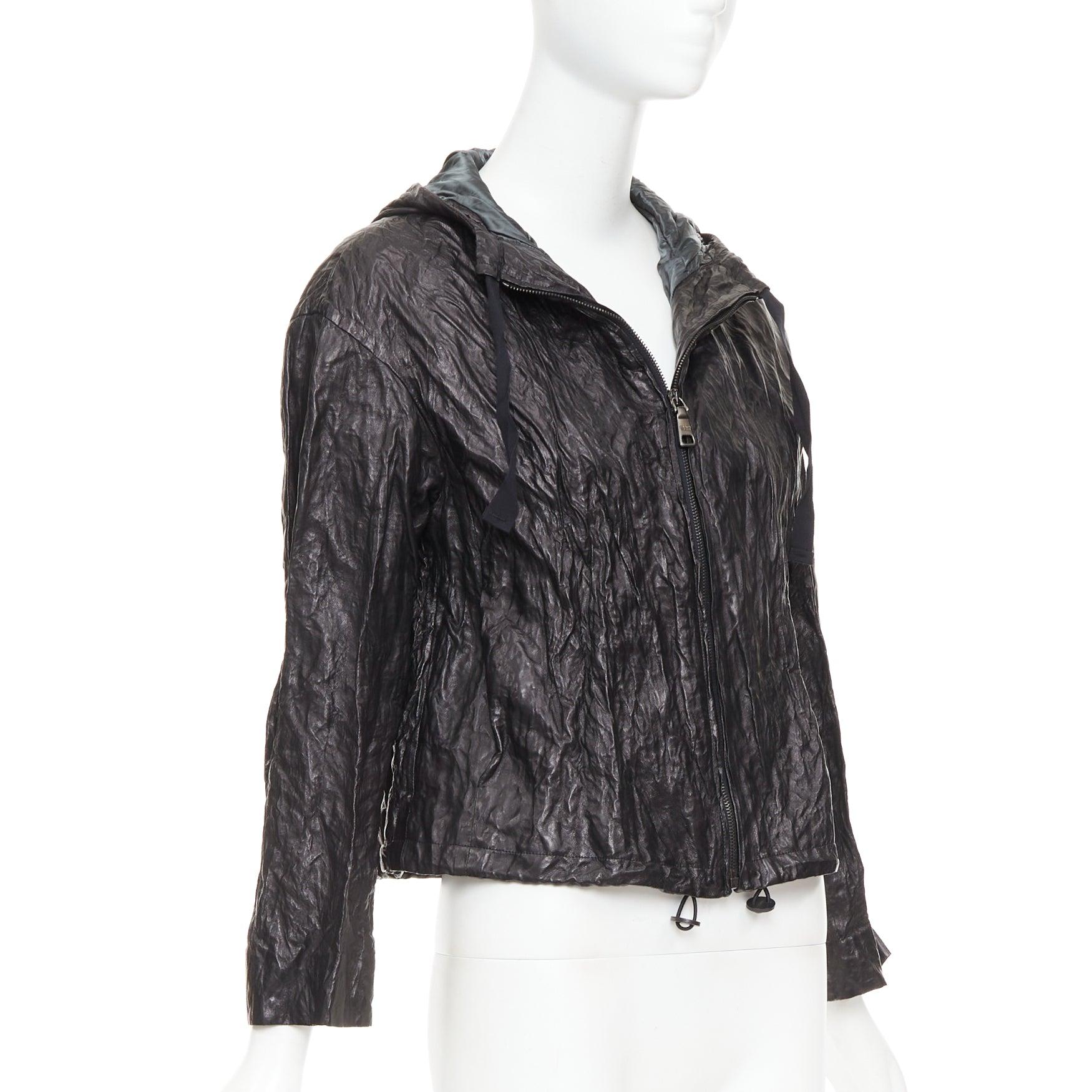PRADA 2011 Vintage By Noir 100% agneau veste à capuche froissée IT36 XXS en vente 1