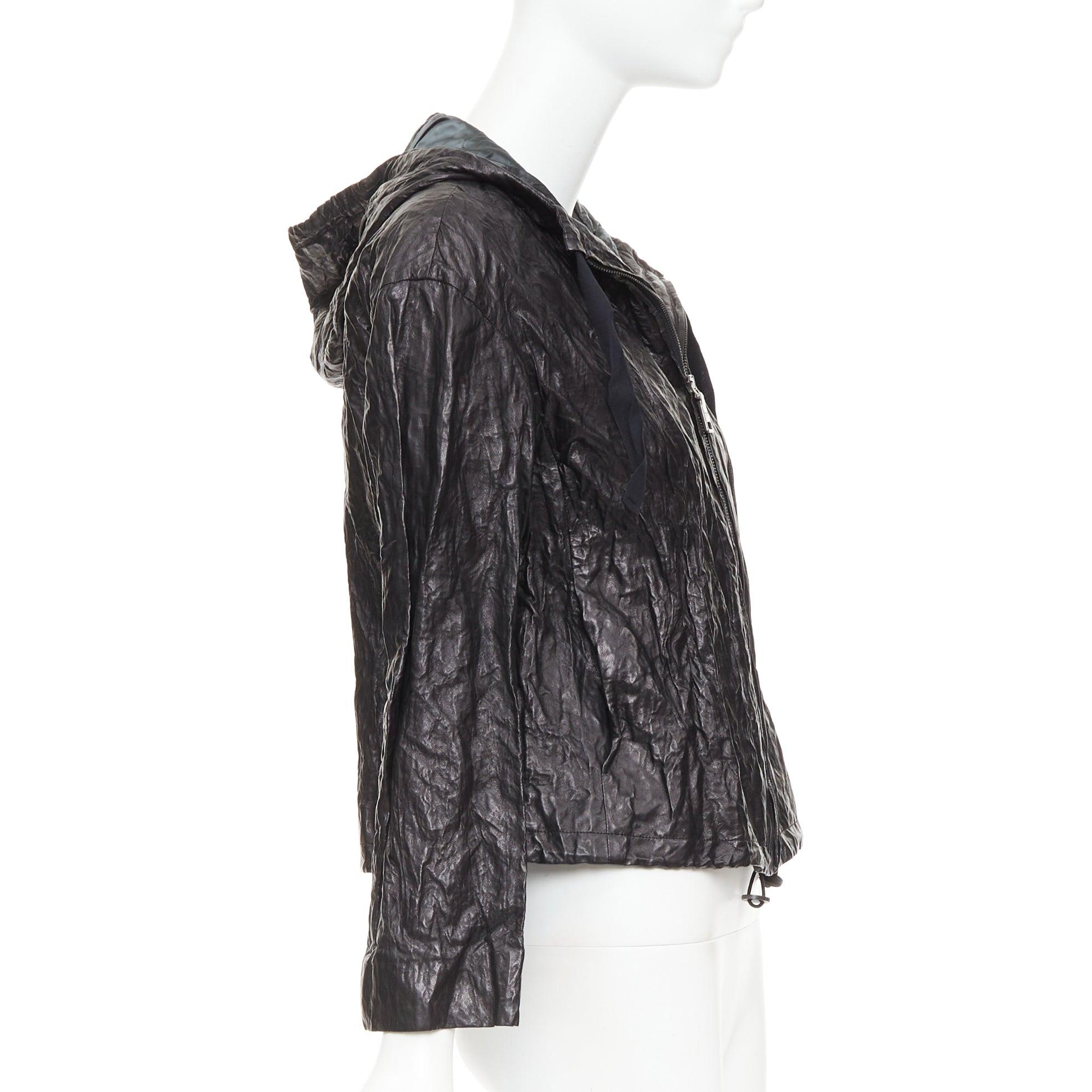 PRADA 2011 Vintage By Noir 100% agneau veste à capuche froissée IT36 XXS en vente 2