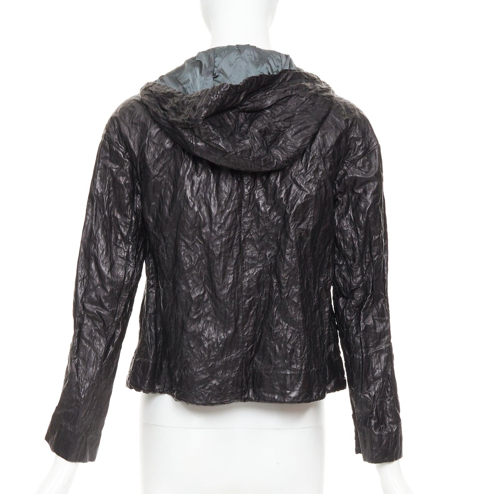 PRADA 2011 Vintage By Noir 100% agneau veste à capuche froissée IT36 XXS en vente 3