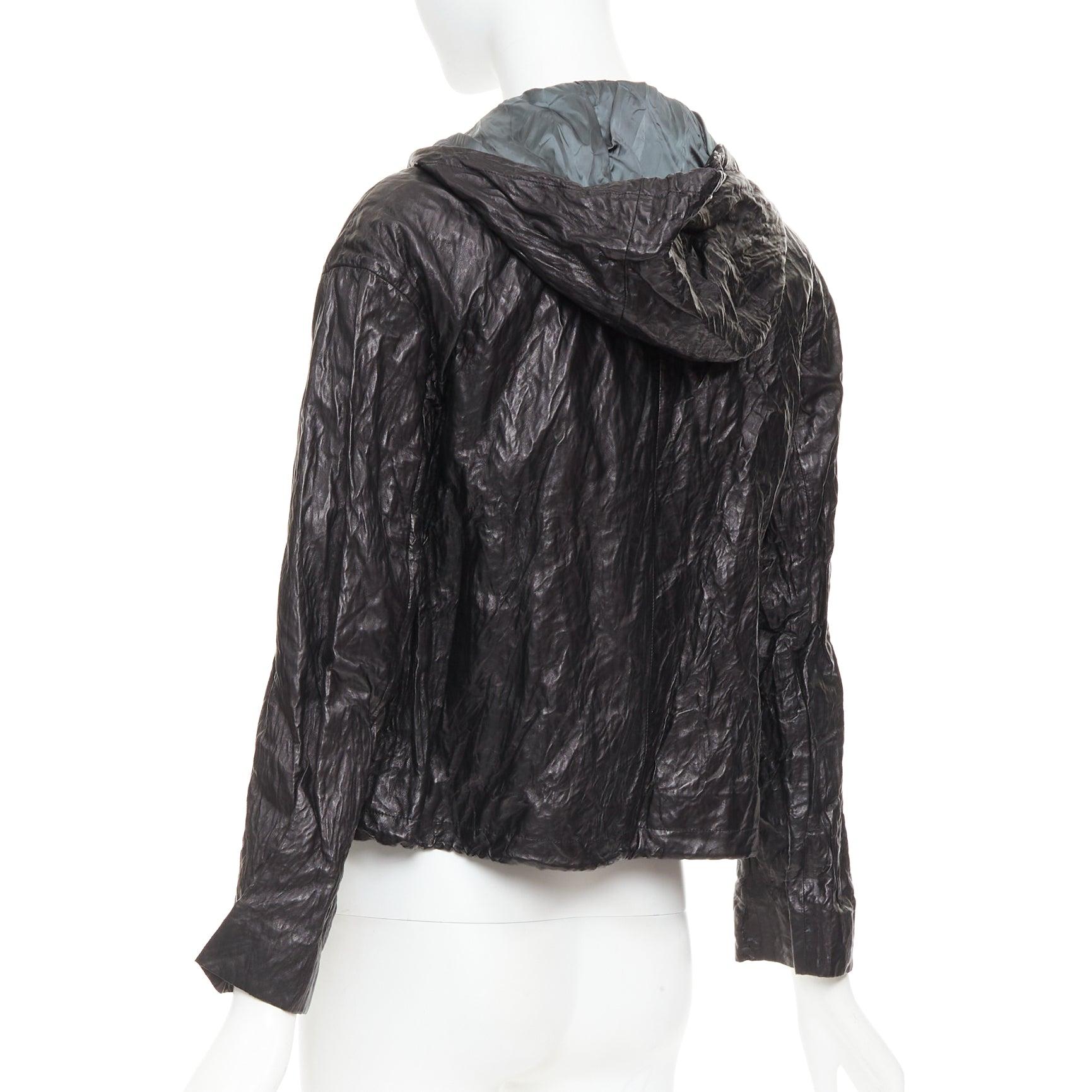 PRADA 2011 Vintage By Noir 100% agneau veste à capuche froissée IT36 XXS en vente 4