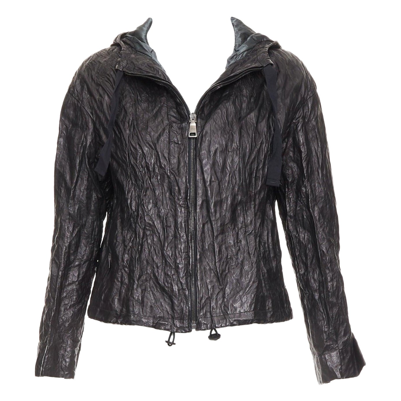 PRADA 2011 Vintage black 100% lambskin crinkled hooded jacket IT36 XXS