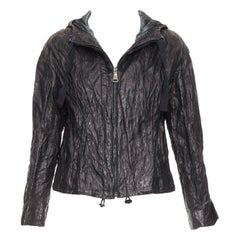 PRADA 2011 Vintage black 100% lambskin crinkled hooded jacket IT36 XXS