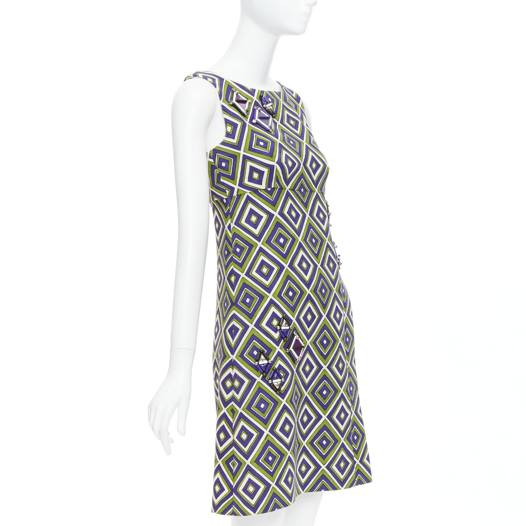 Gris PRADA 2012 Runway vert violet résine applique robe mini mod IT38 XS en vente