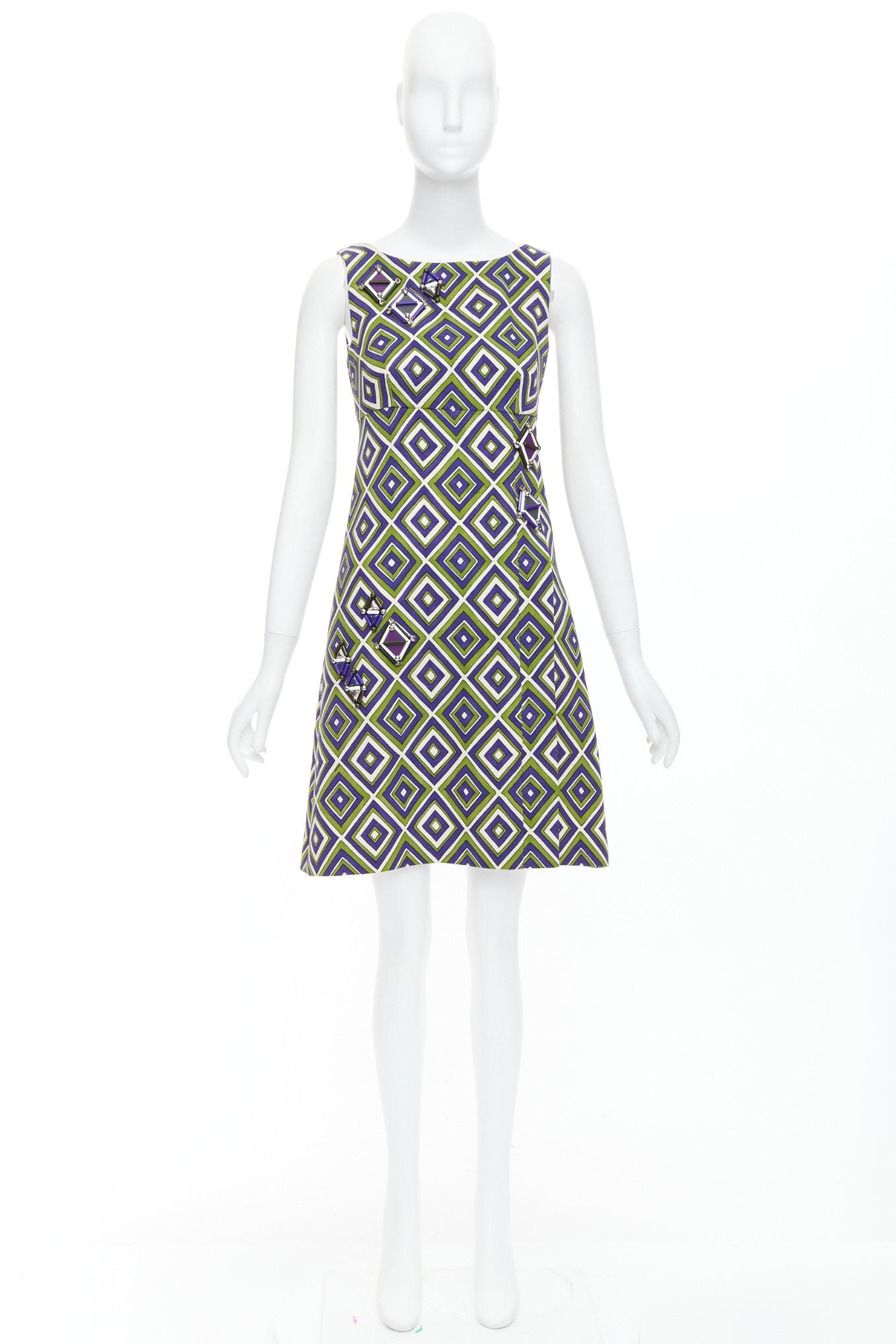 PRADA 2012 Runway vert violet résine applique robe mini mod IT38 XS en vente 4