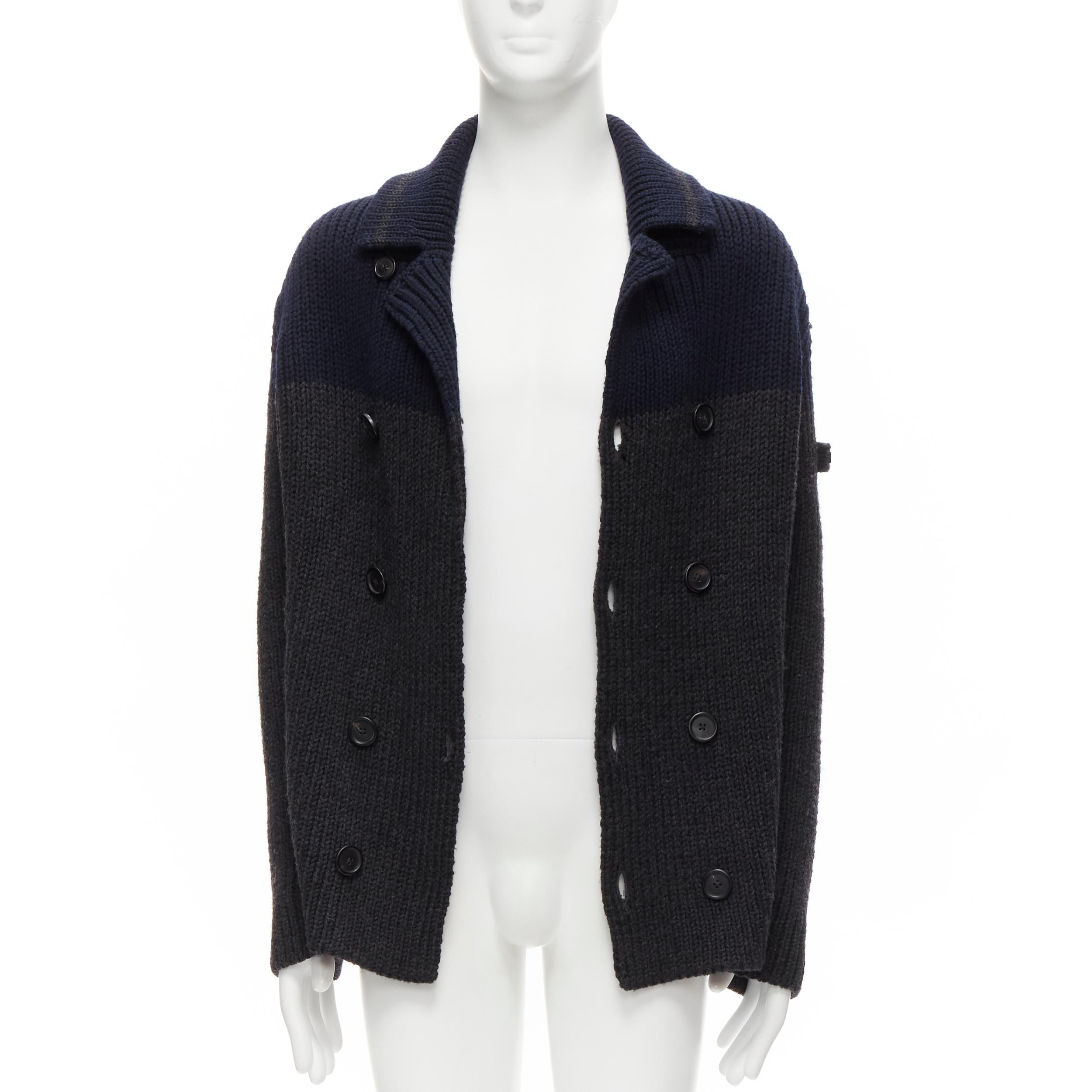 Noir PRADA Manteau cardigani gris marine à col de marin en tricot côtelé 100 % laine IT50 L, 2013 en vente