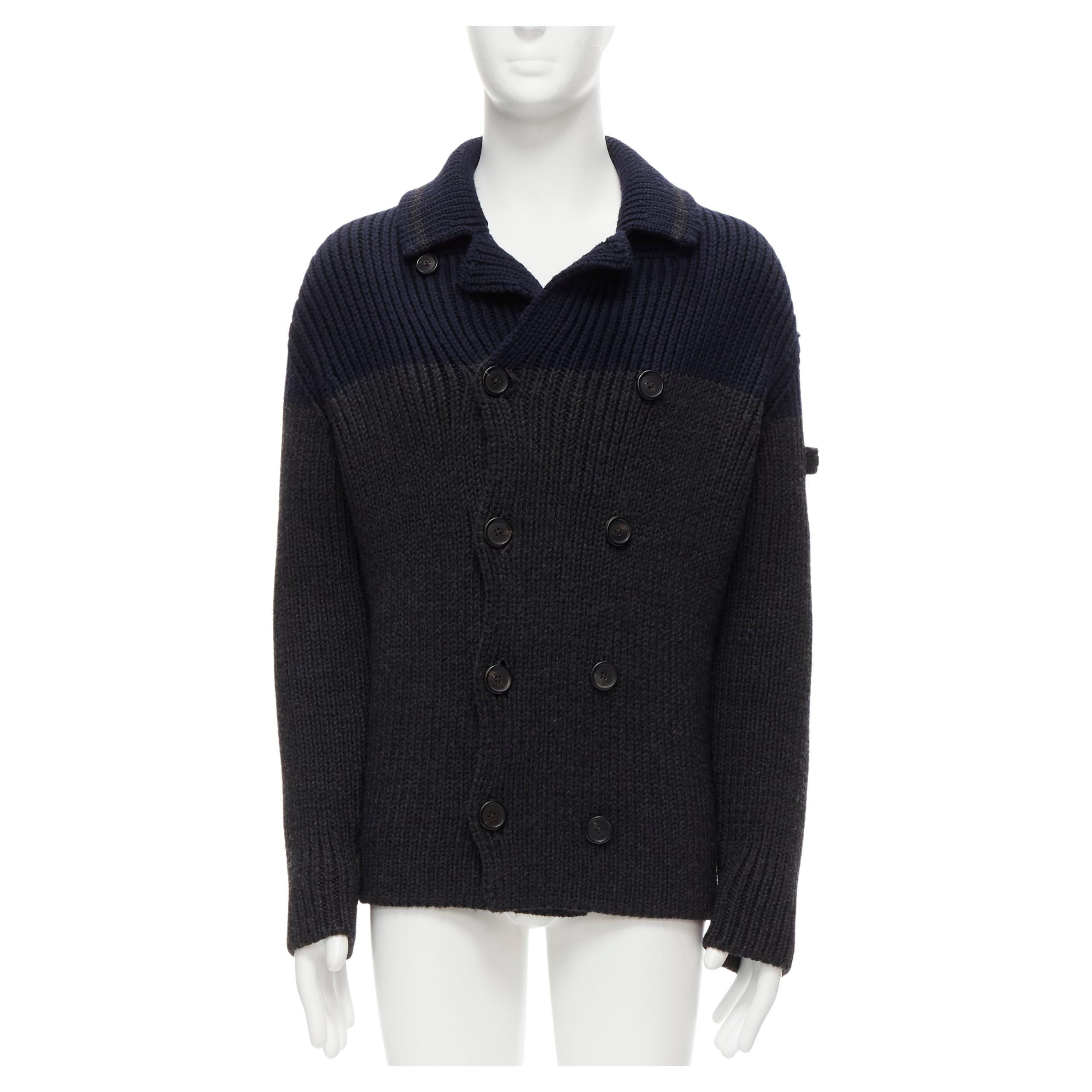 PRADA 2013 100% wool grey navy sailor collar ribbed knit cardigani coat IT50 L For Sale