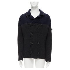 PRADA Manteau cardigani gris marine à col de marin en tricot côtelé 100 % laine IT50 L, 2013