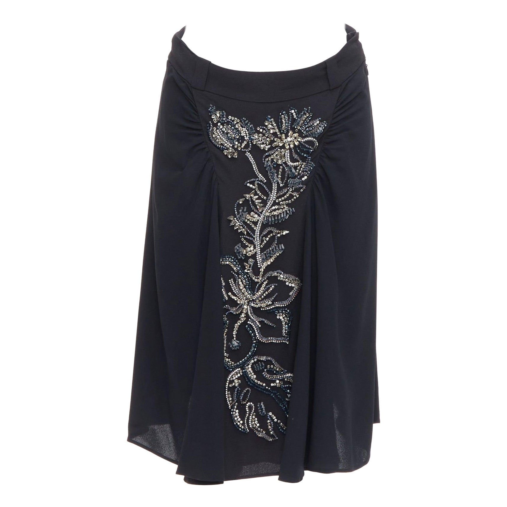 PRADA 2013 black blue clear crystal embellished flowers ruched skirt IT40 S