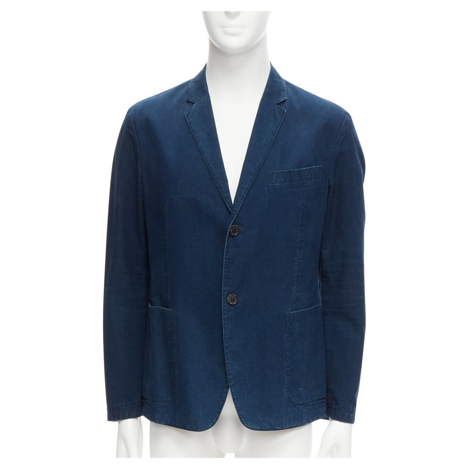 PRADA 2013 - Blazer à une seule poitrine minimale en denim de coton bleu foncé IT50 L en vente