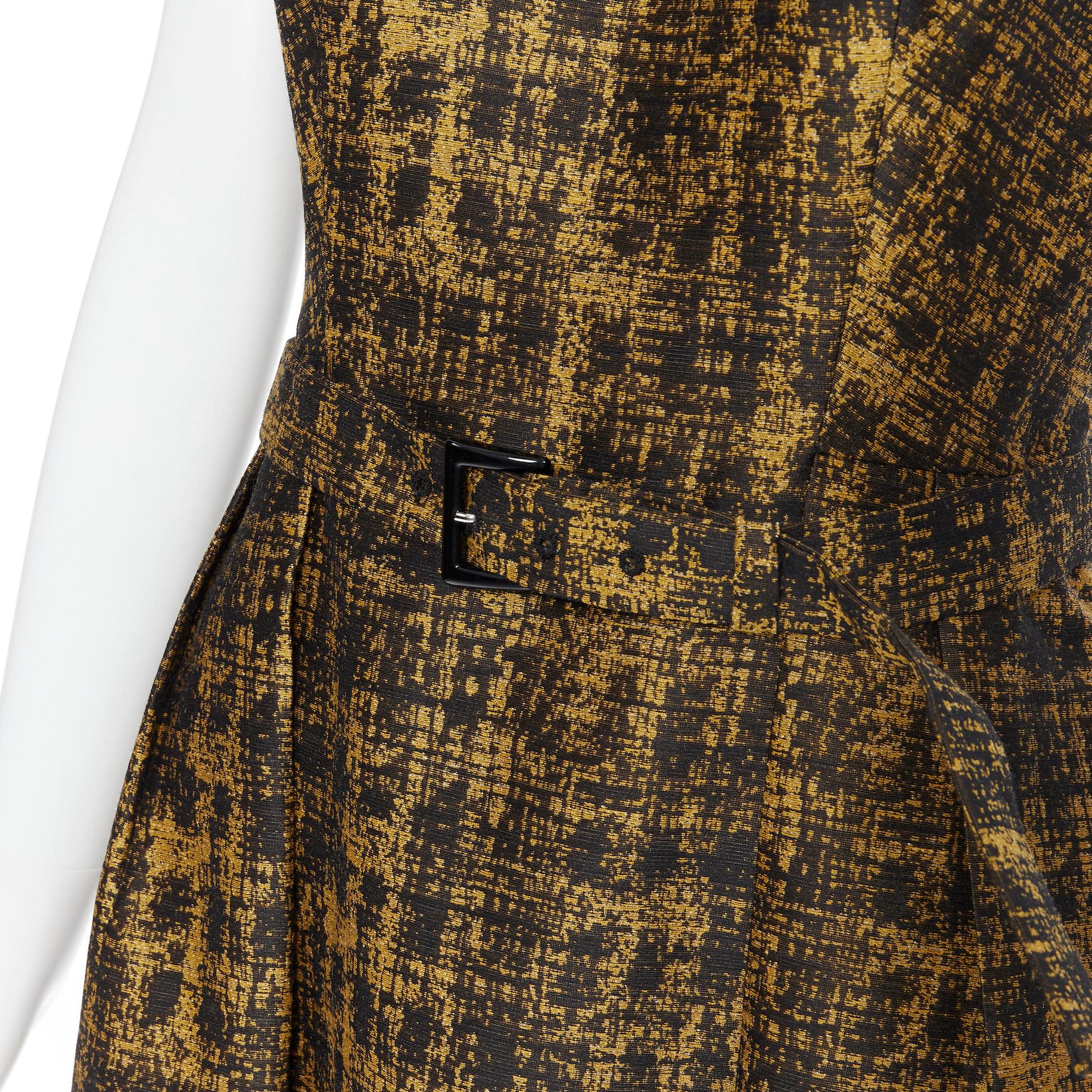PRADA 2013 gold black wool silk jacquard cap sleeve belted A-line dress IT44 M Reference: AEMA/A00027 Brand: Prada Designer: Miuccia Prada Collection: 2014 Material: Wool Color: Gold Pattern: Abstract Closure: Zip Extra Detail: Boat neck. Cap
