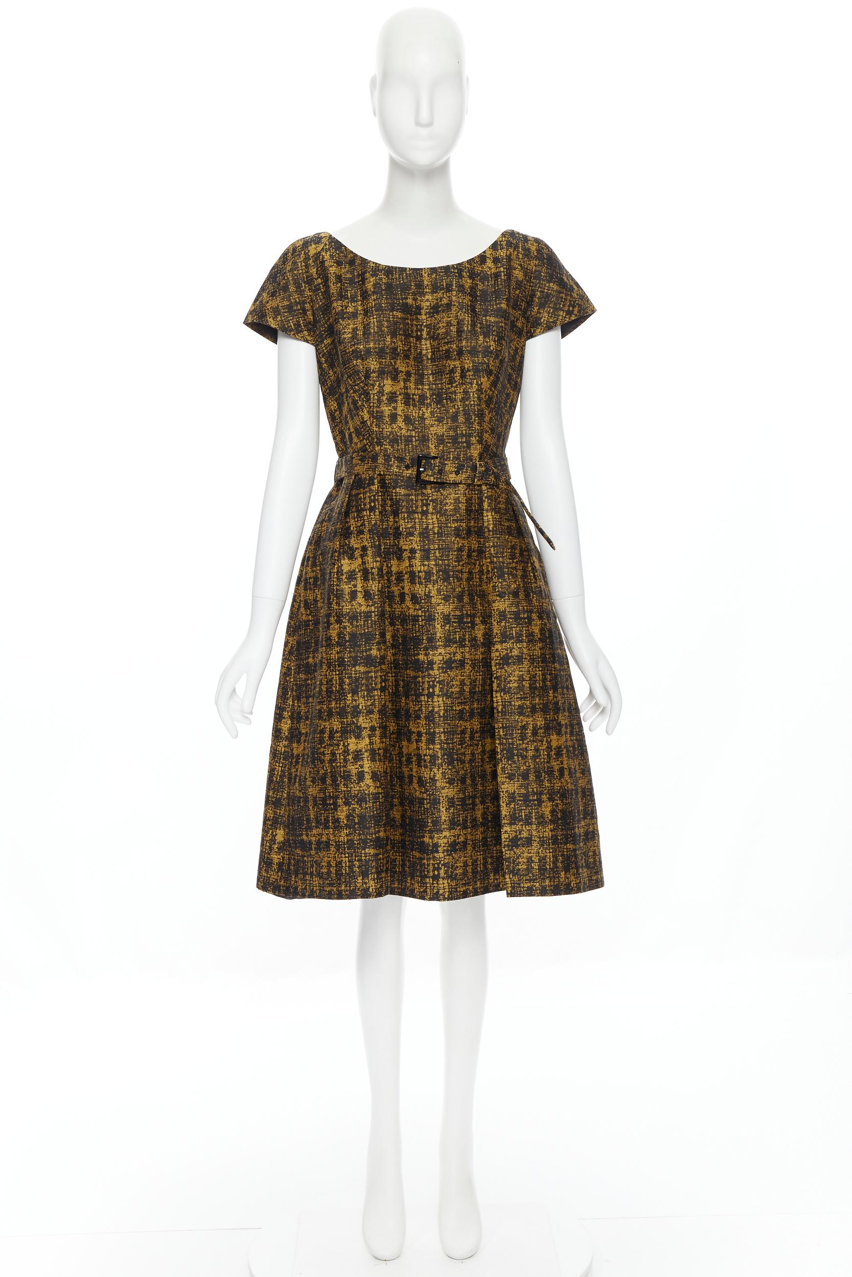 Brown PRADA 2013 gold black wool silk jacquard cap sleeve belted A-line dress IT44 M