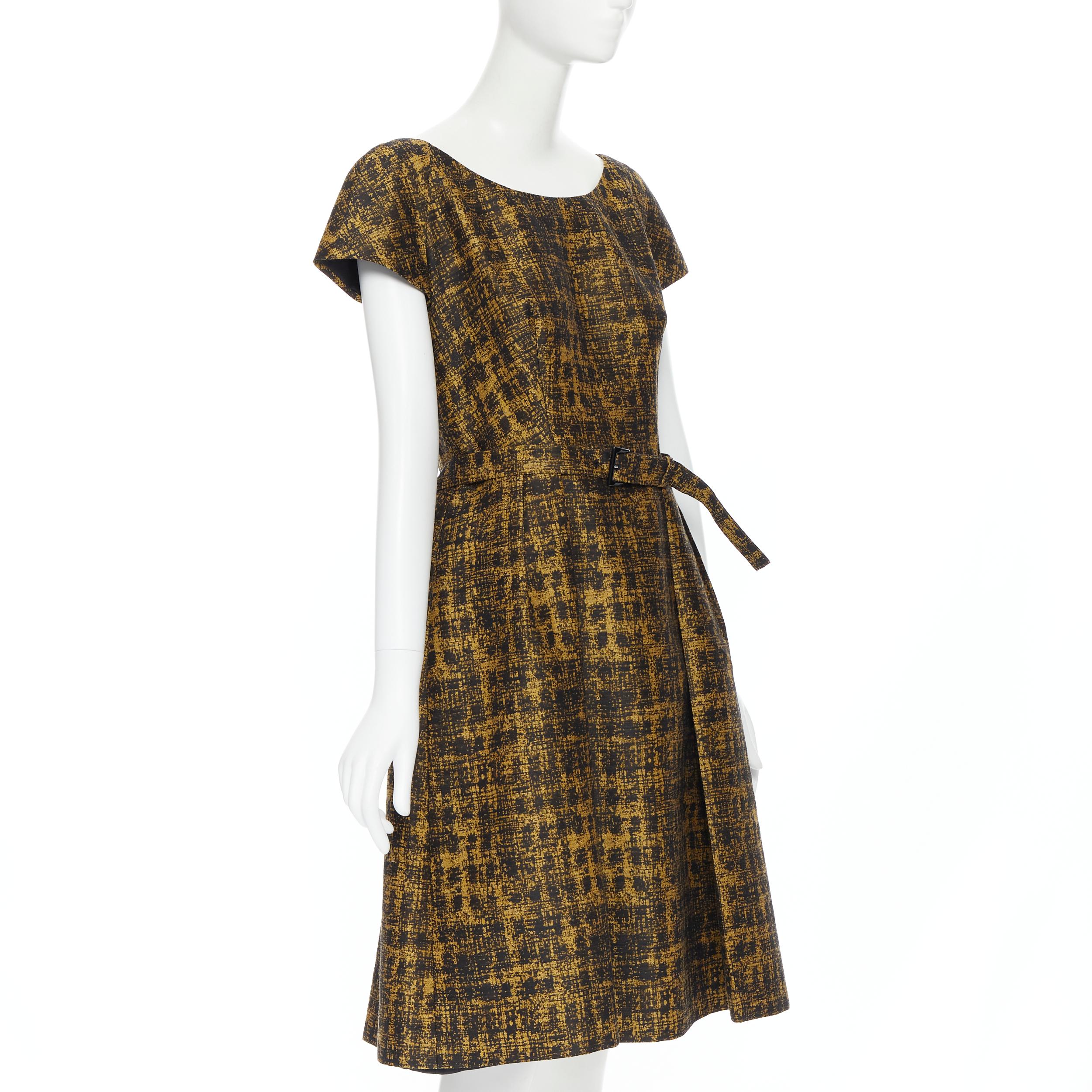 PRADA 2013 gold black wool silk jacquard cap sleeve belted A-line dress IT44 M In Good Condition In Hong Kong, NT