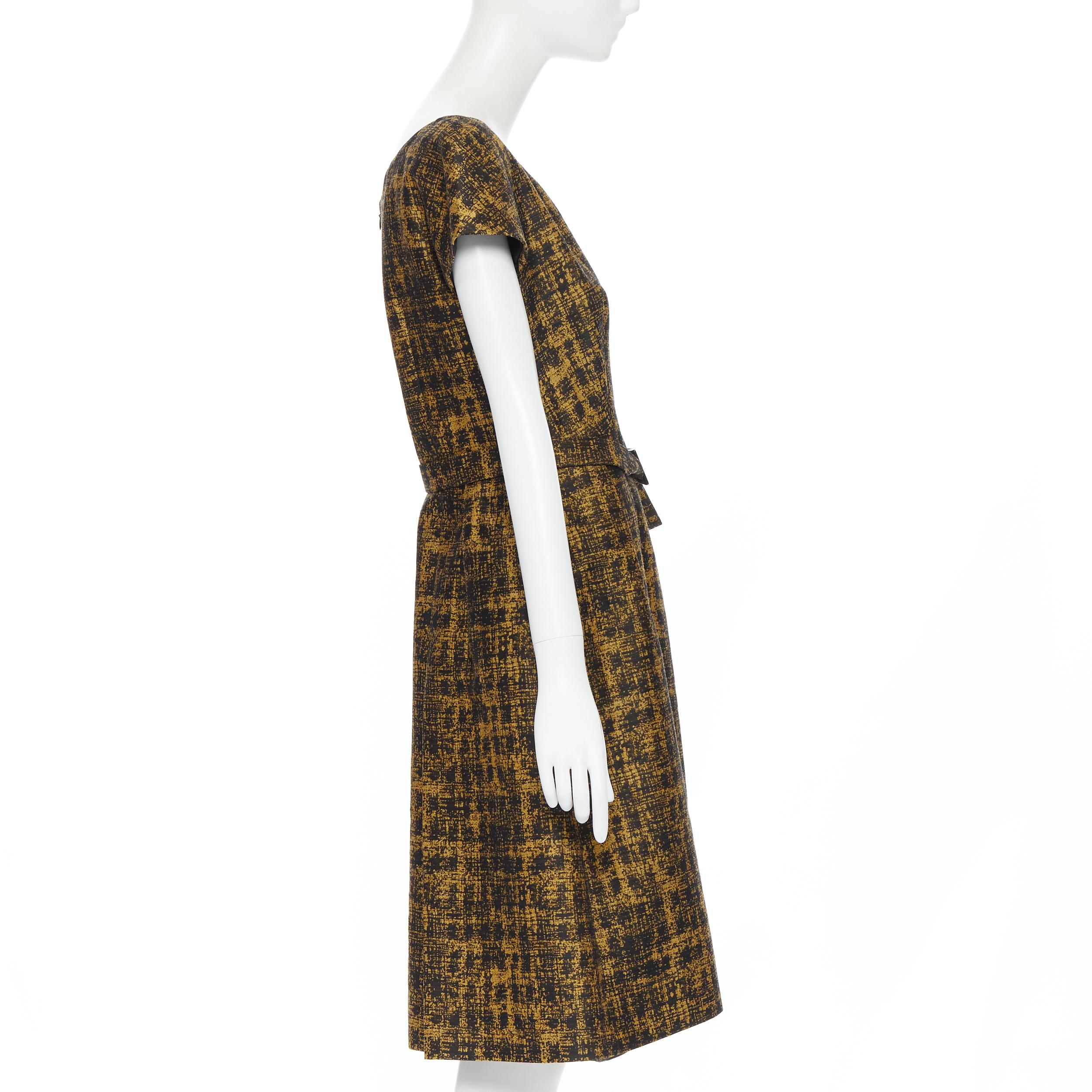 Women's PRADA 2013 gold black wool silk jacquard cap sleeve belted A-line dress IT44 M
