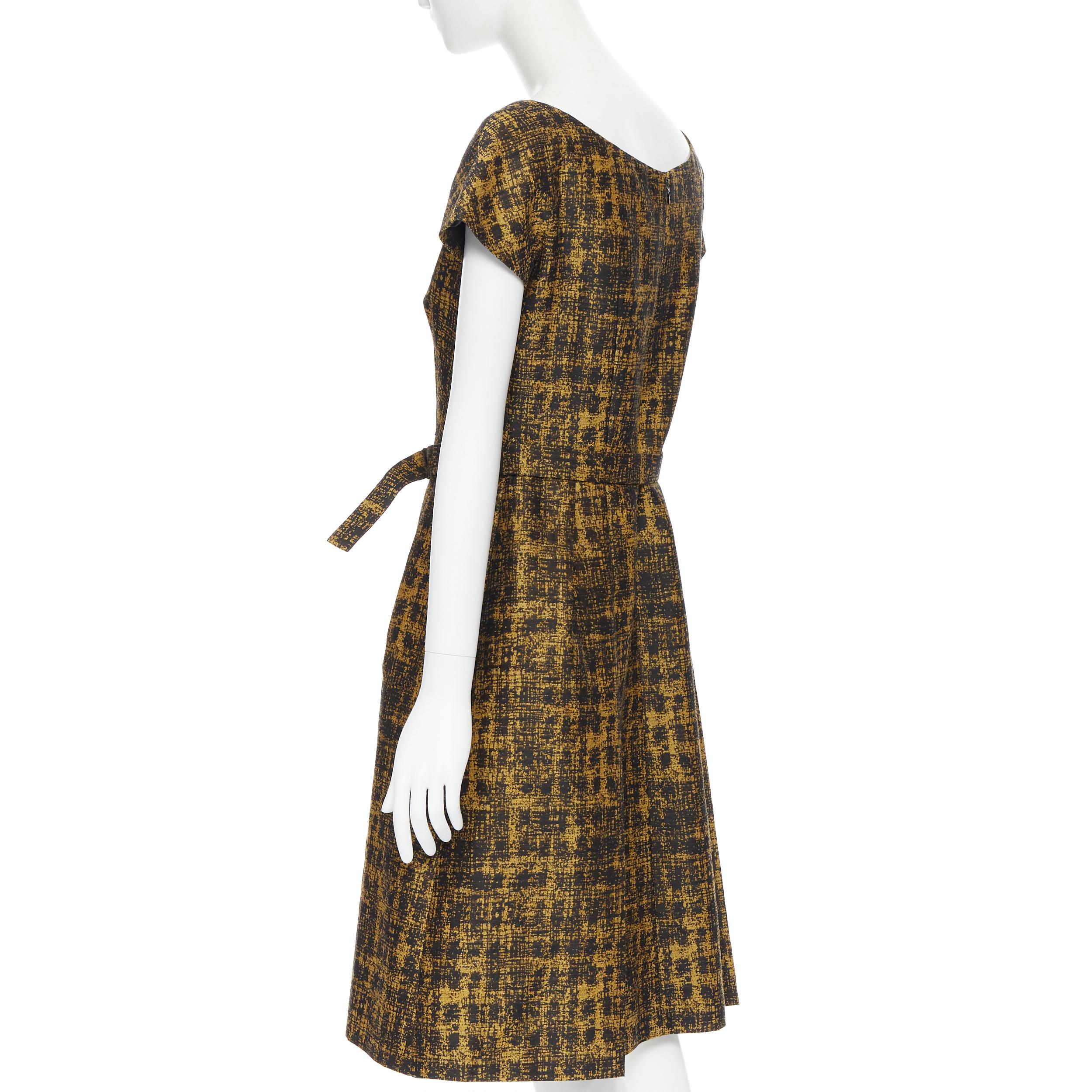 PRADA 2013 gold black wool silk jacquard cap sleeve belted A-line dress IT44 M 2