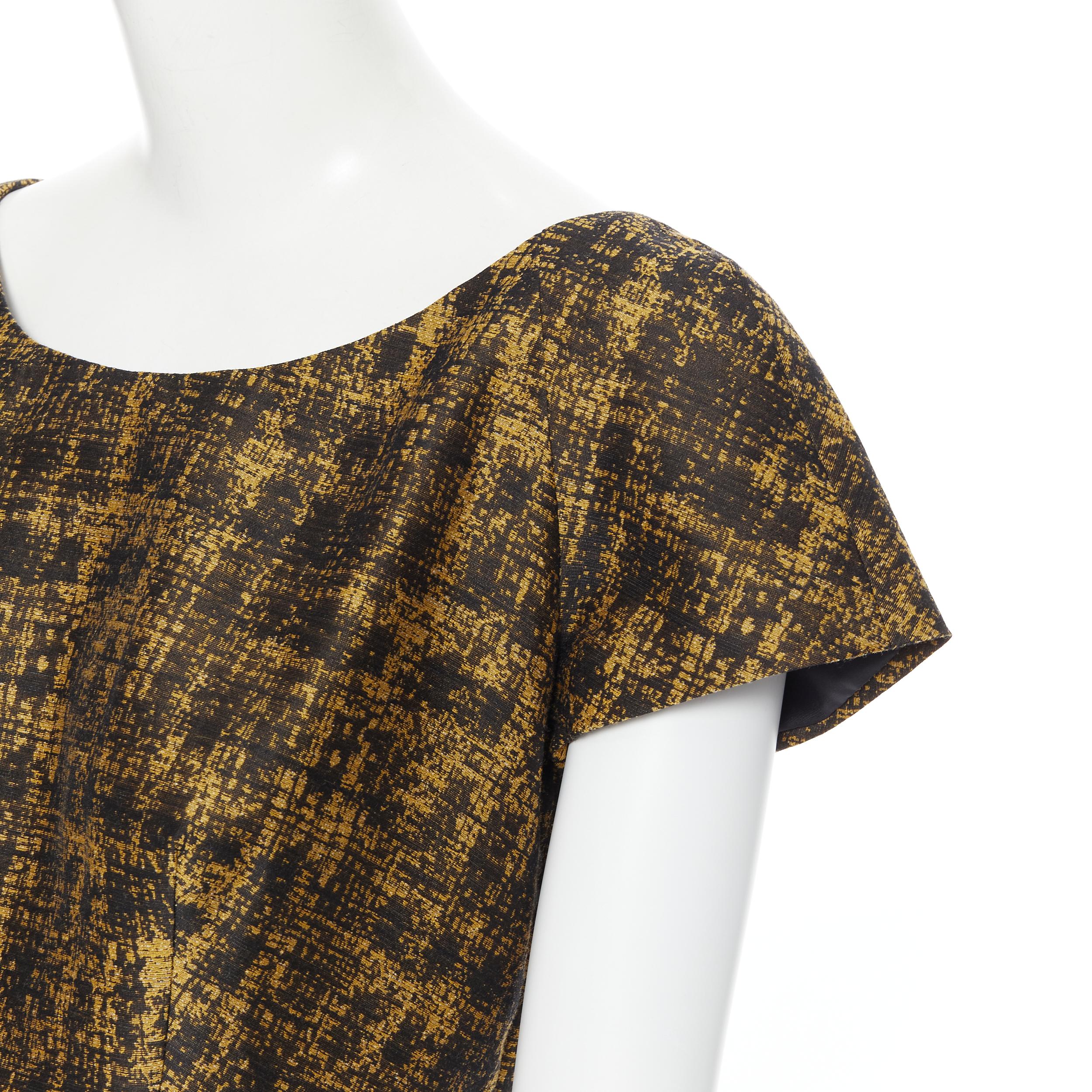PRADA 2013 gold black wool silk jacquard cap sleeve belted A-line dress IT44 M 3