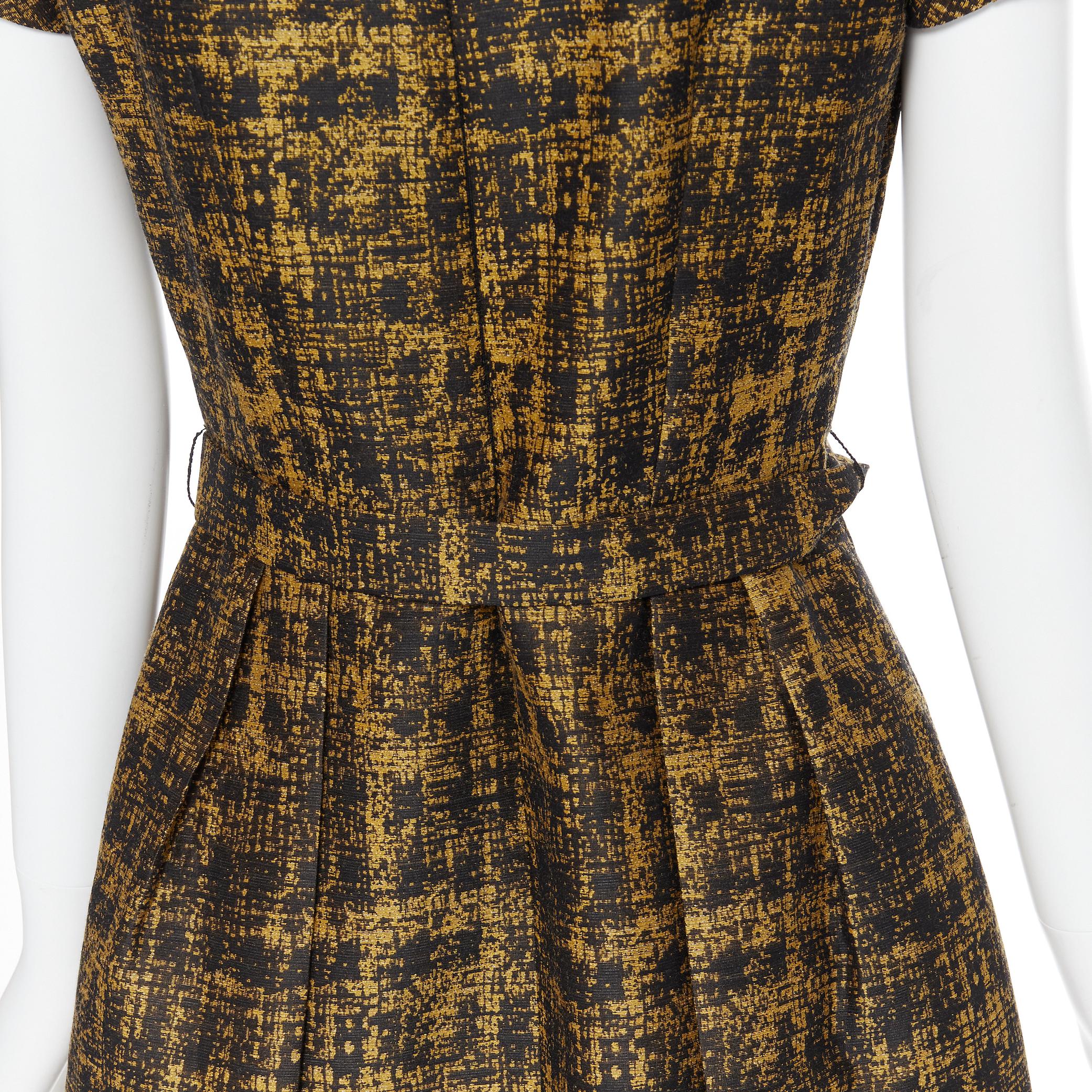 PRADA 2013 gold black wool silk jacquard cap sleeve belted A-line dress IT44 M 4