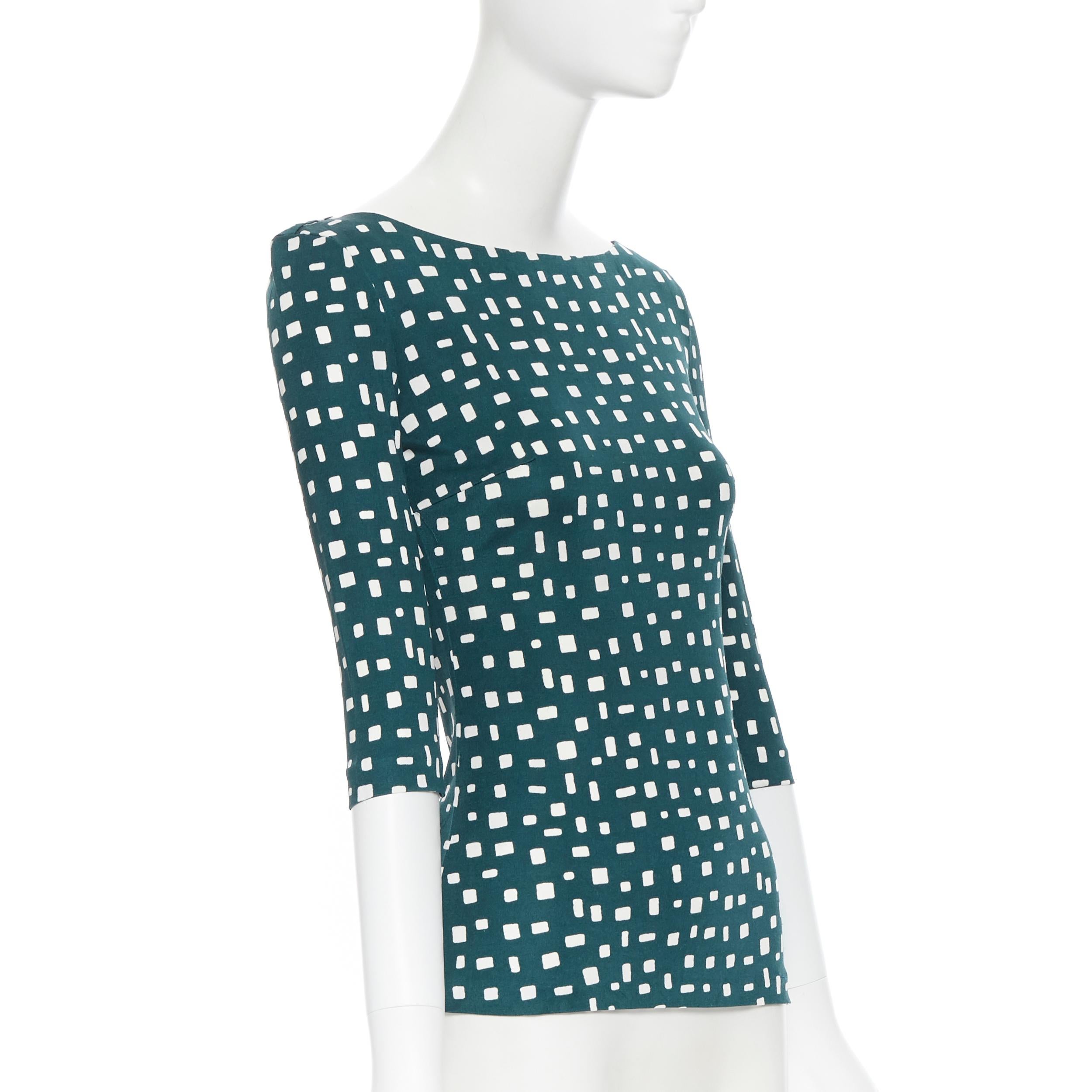 PRADA 2013 green geometric print 100% silk 3/4 sleeve boat neck top IT40 In Good Condition In Hong Kong, NT