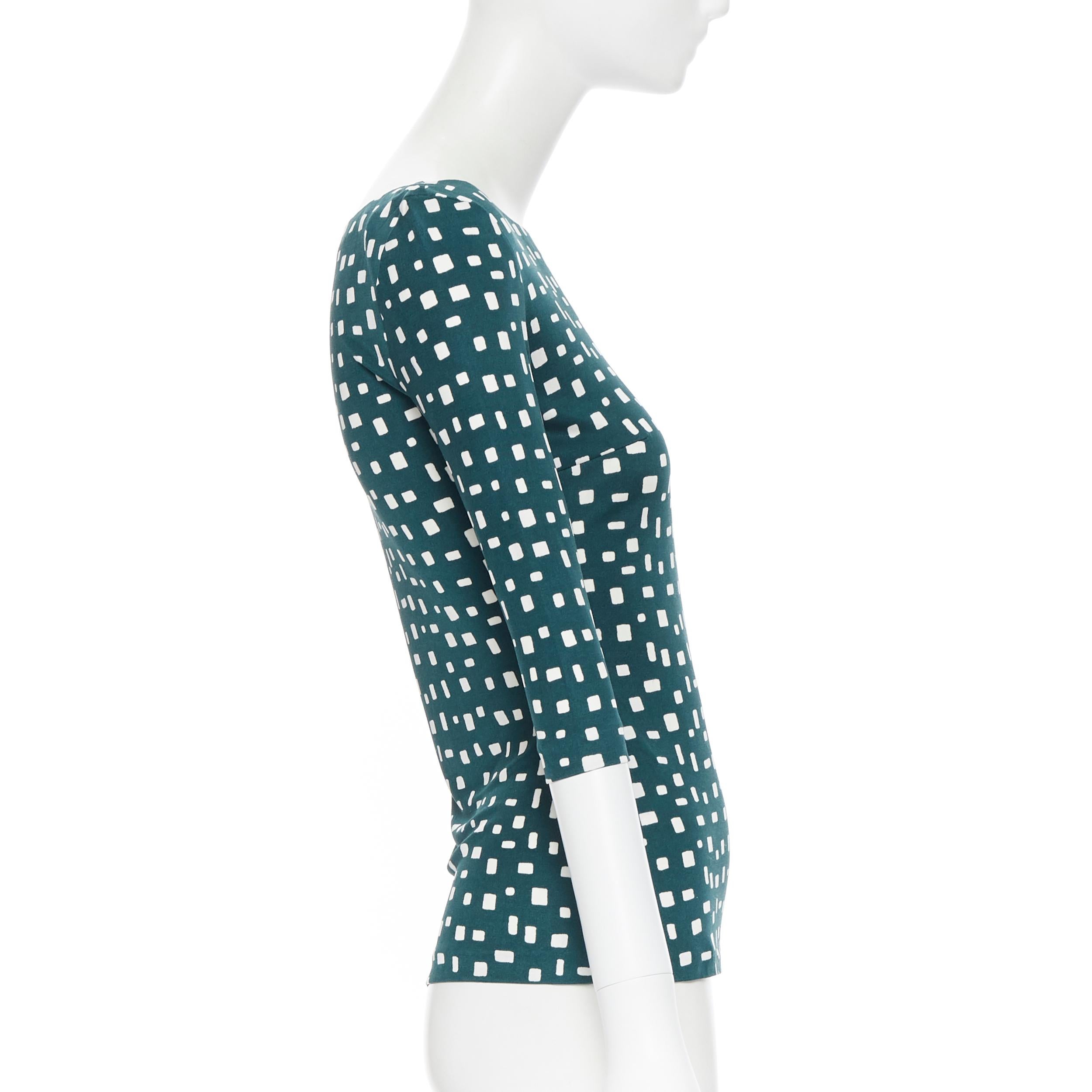 PRADA 2013 green geometric print 100% silk 3/4 sleeve boat neck 