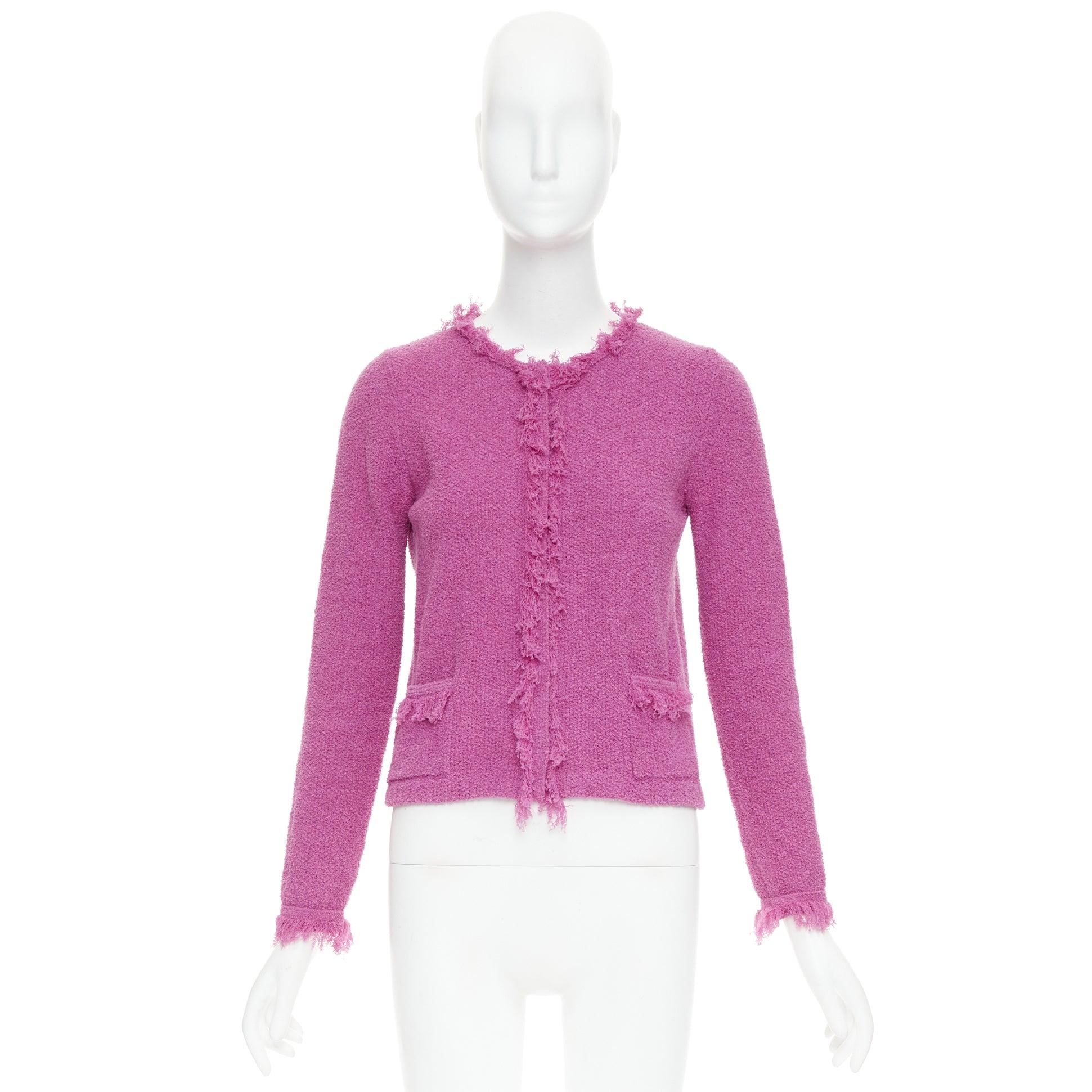 PRADA 2013 rosa Baumwolle Boucle Tweed stricken Fransen trimmen Strickjacke IT40 S im Angebot 5