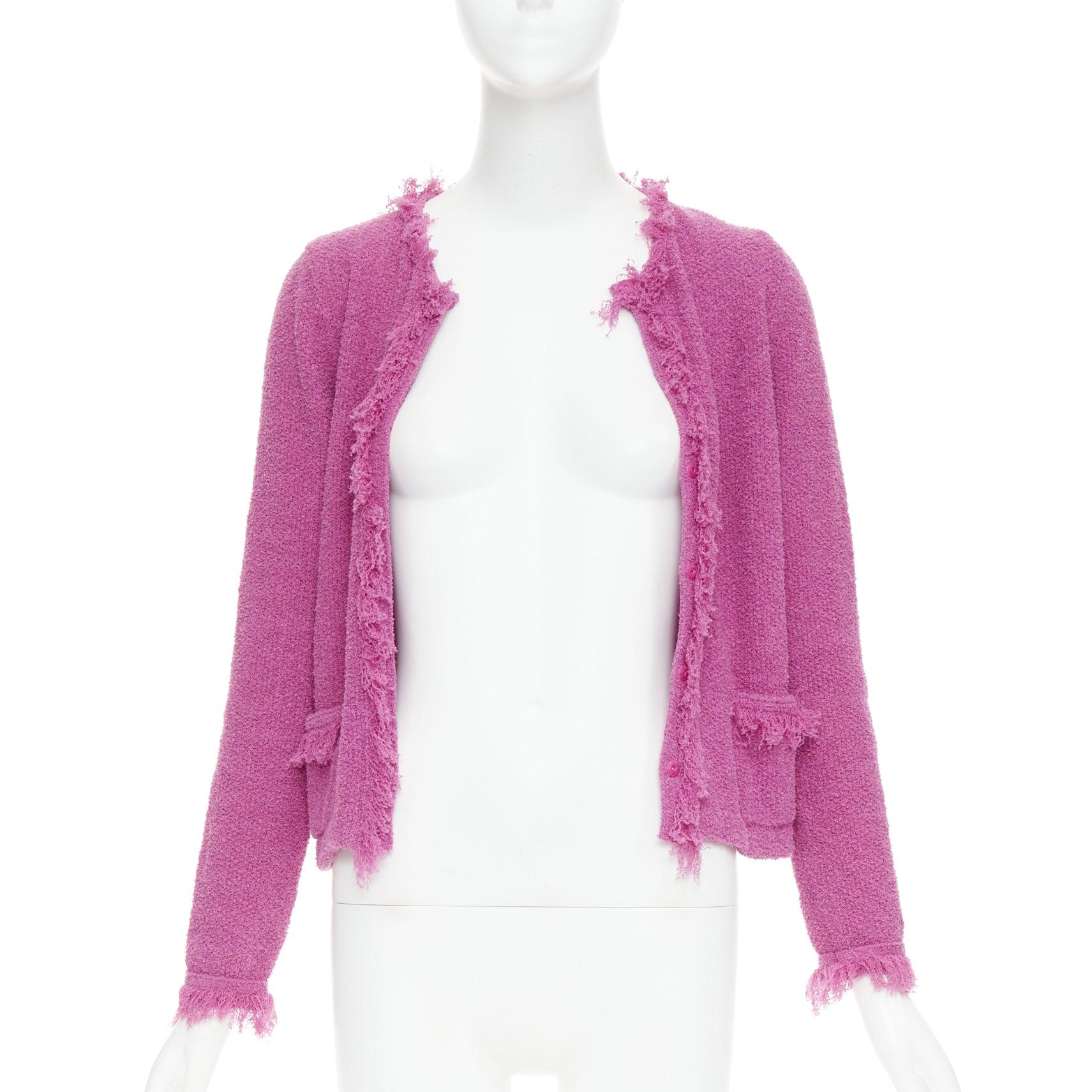 PRADA 2013 rosa Baumwolle Boucle Tweed stricken Fransen trimmen Strickjacke IT40 S (Pink) im Angebot