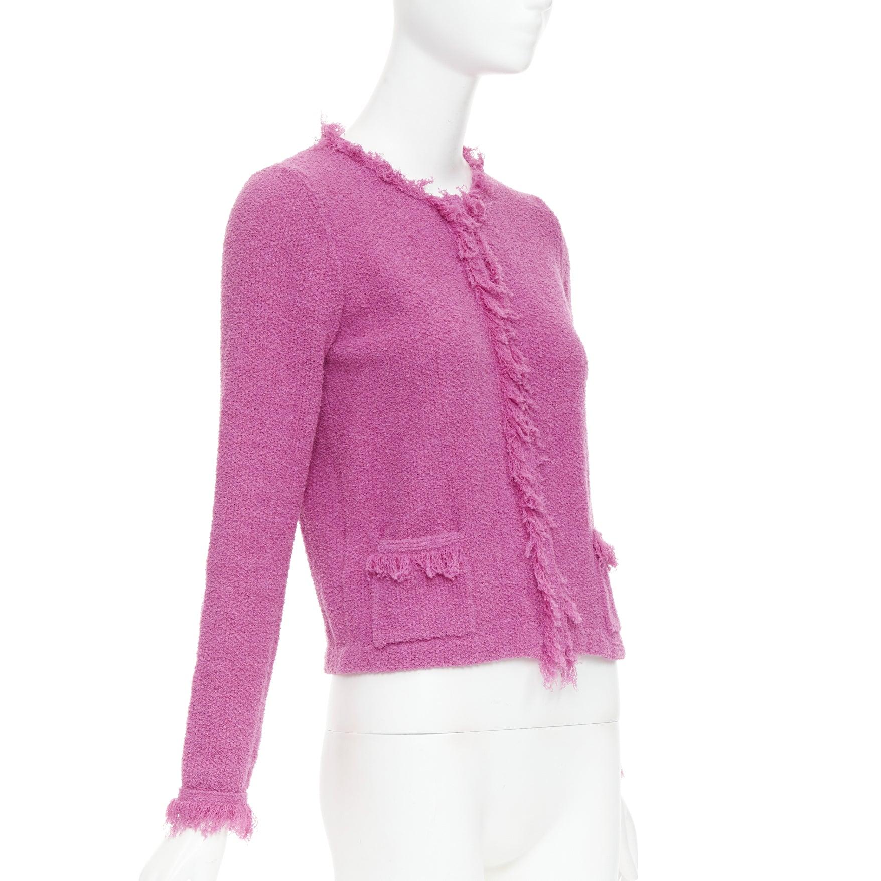 PRADA 2013 rosa Baumwolle Boucle Tweed stricken Fransen trimmen Strickjacke IT40 S im Zustand „Gut“ im Angebot in Hong Kong, NT
