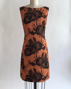 Prada 2013 Rust Orange and Black Floral Print Cotton Shift Dress