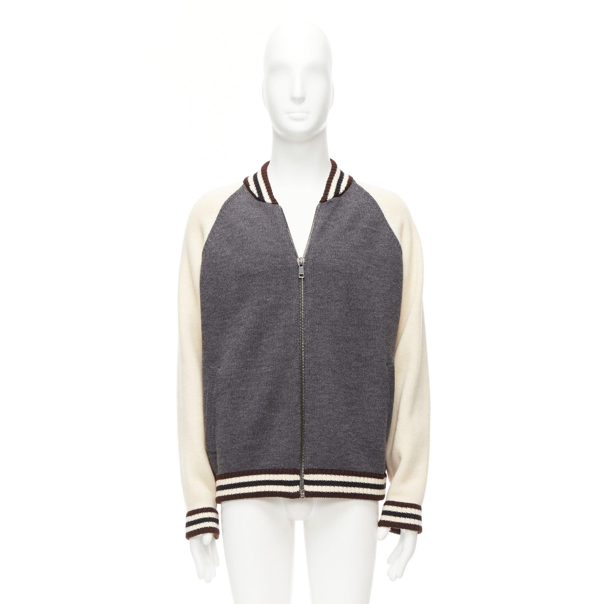 PRADA 2014 100% wool knit cream grey raglan varsity bomber jacket IT50 L For Sale 6