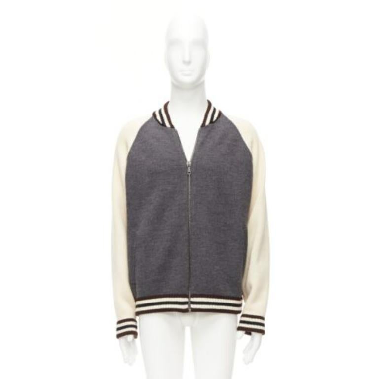 PRADA 2014 Chaqueta bomber de punto 100% lana gris crema raglán varsity IT50 L en venta 5