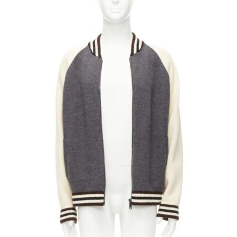PRADA 2014 Chaqueta bomber de punto 100% lana gris crema raglán varsity IT50 L Gris en venta