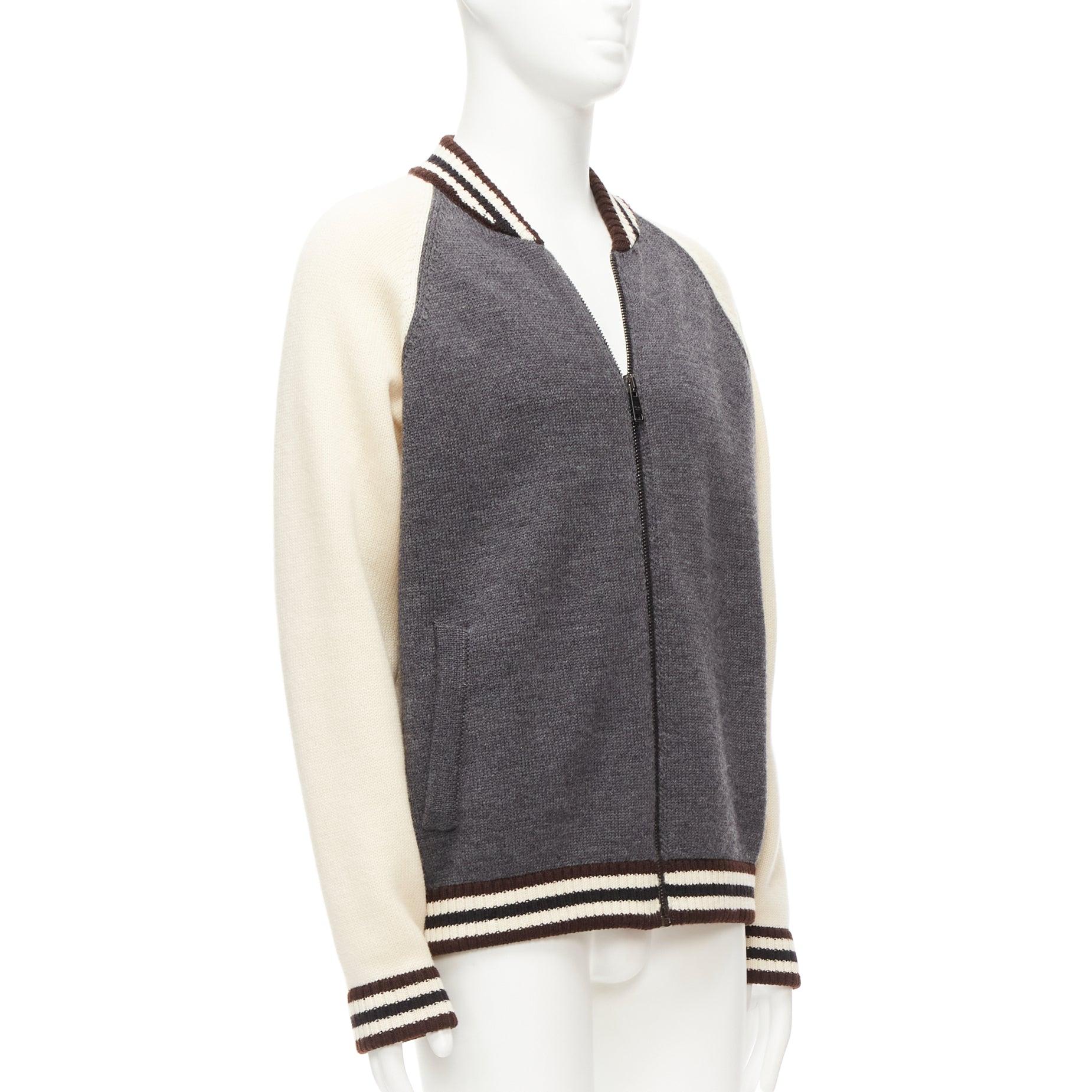 Men's PRADA 2014 100% wool knit cream grey raglan varsity bomber jacket IT50 L For Sale