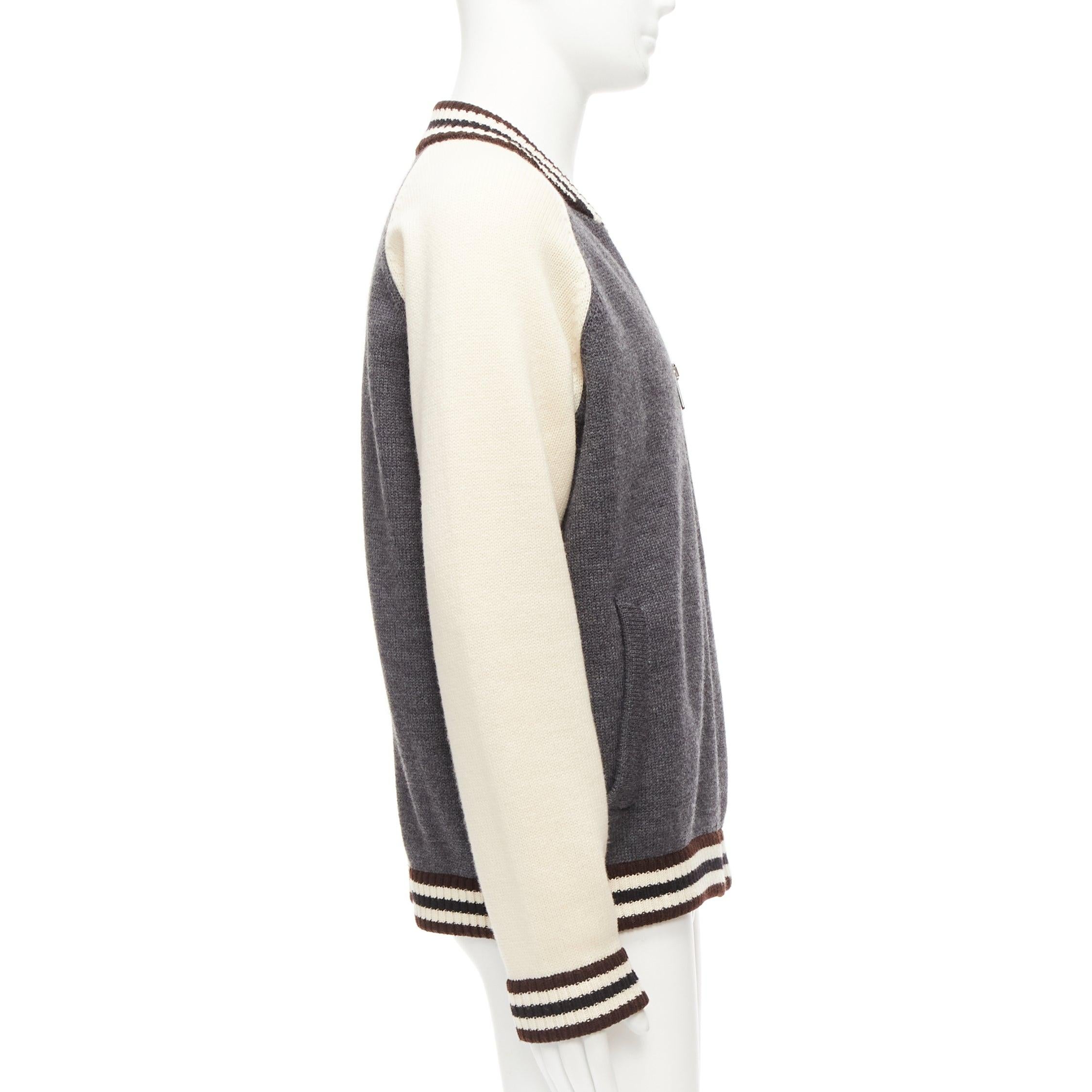 PRADA 2014 100% wool knit cream grey raglan varsity bomber jacket IT50 L For Sale 1