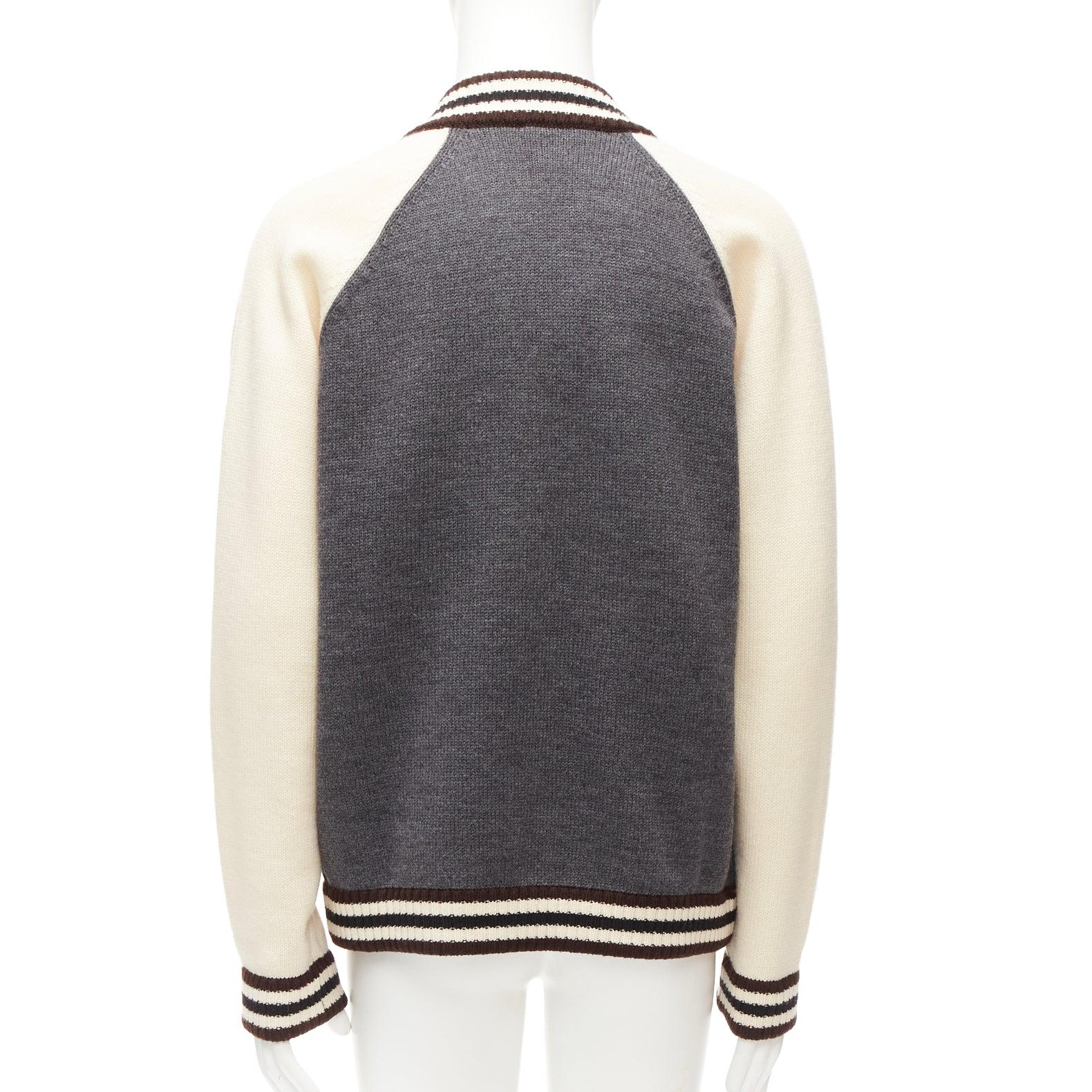 PRADA 2014 100% wool knit cream grey raglan varsity bomber jacket IT50 L For Sale 2