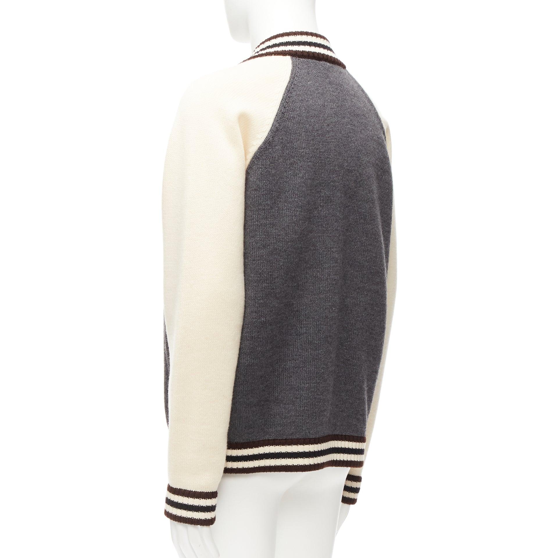 PRADA 2014 100% wool knit cream grey raglan varsity bomber jacket IT50 L For Sale 3