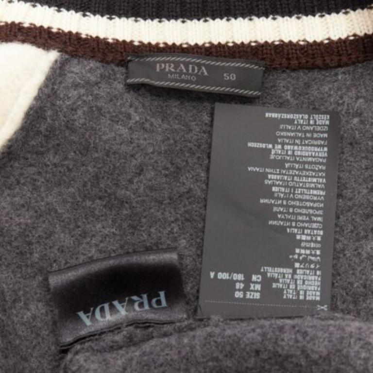 PRADA 2014 Chaqueta bomber de punto 100% lana gris crema raglán varsity IT50 L en venta 4