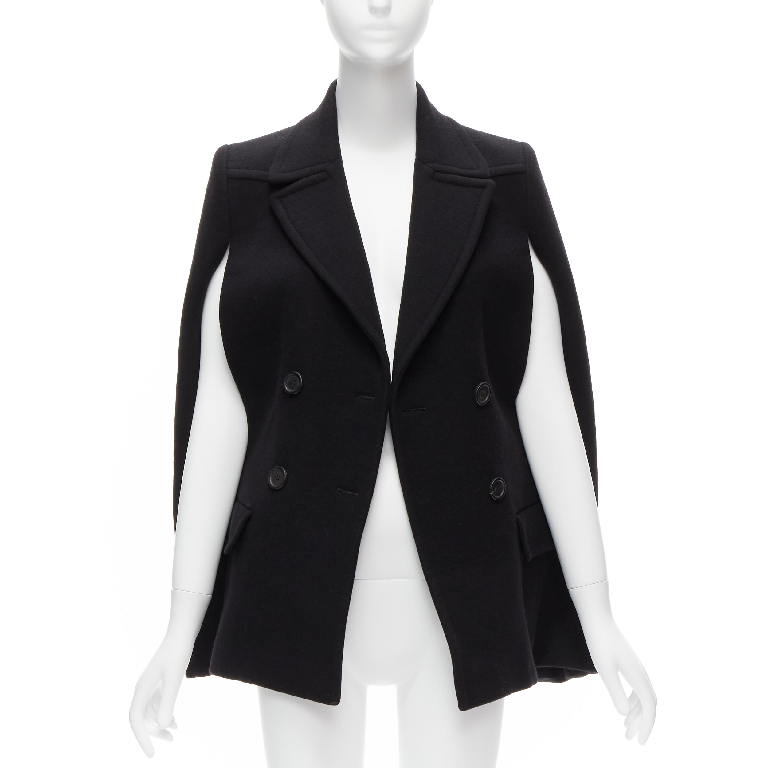 Black PRADA 2014 black virgin wool double breasted poncho cape coat IT38 XS For Sale