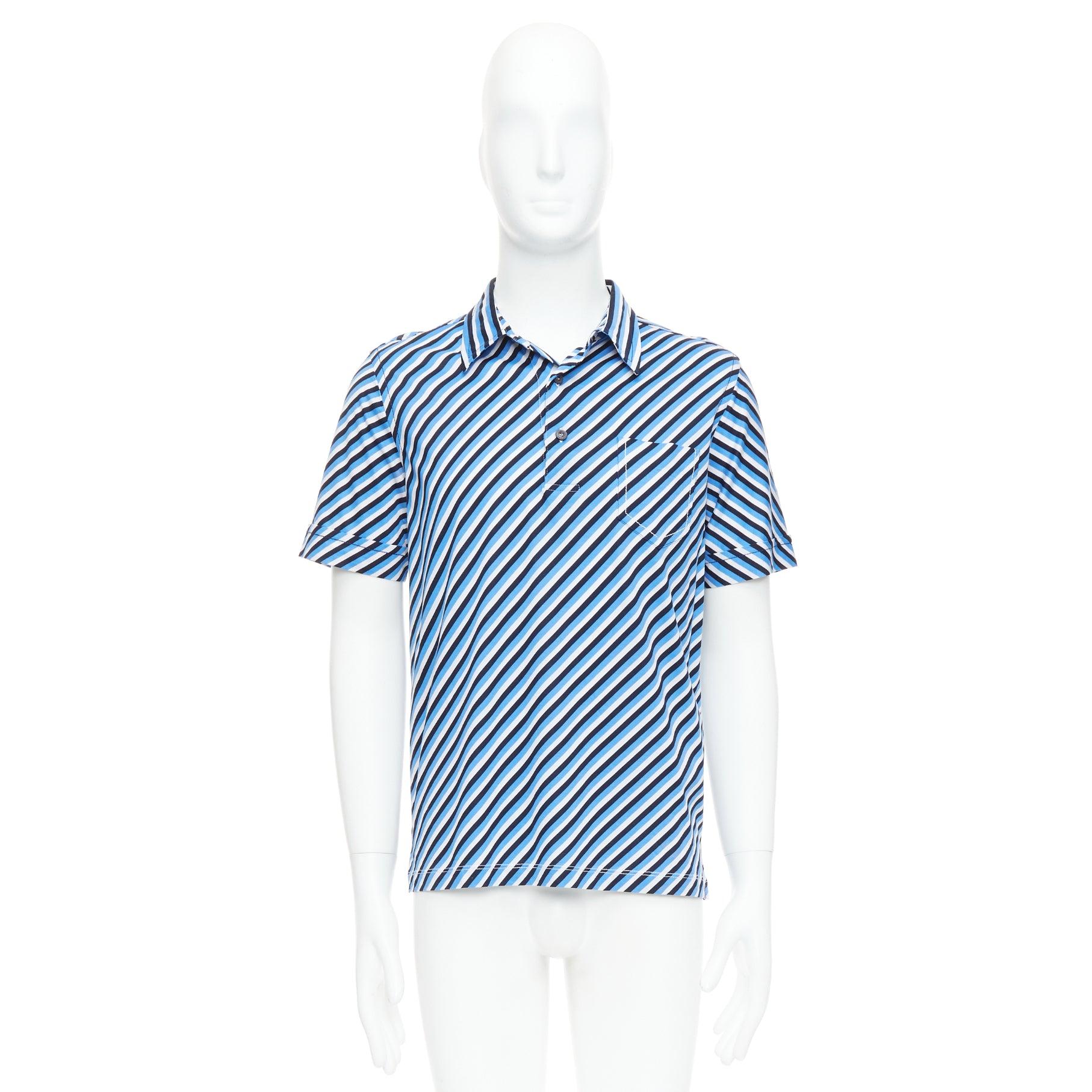 PRADA 2014 blue white black cotton diagonal striped polo shirt L 4