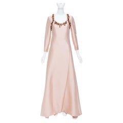 PRADA 2014 jewel embellished brown blush wool silk gown IT38 XS