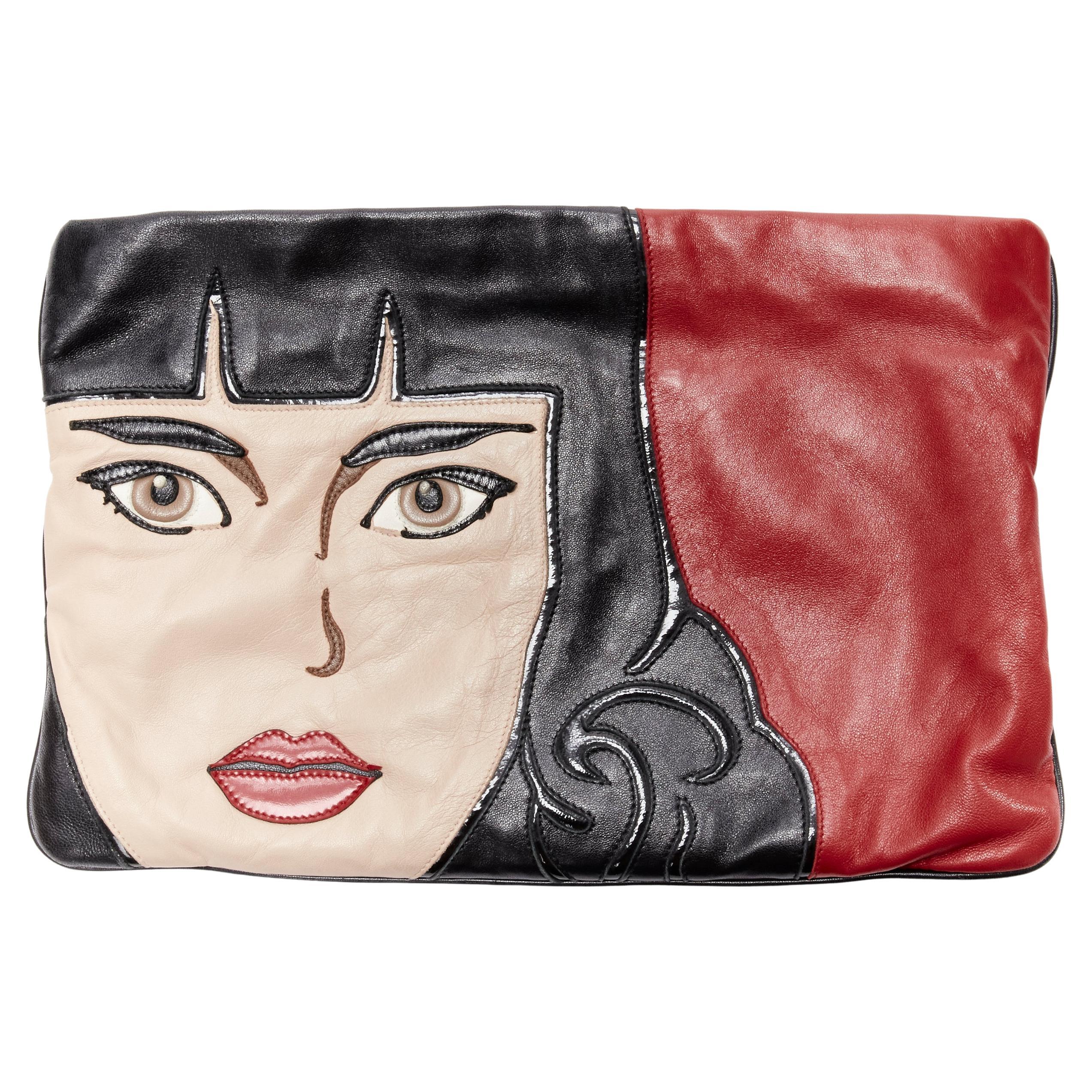 PRADA 2014 Limited Edition pop girl face black red leather oversized clutch bag