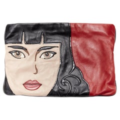 PRADA - Pochette surdimensionnée en cuir rouge et noir « pop girl face », édition limitée, 2014
