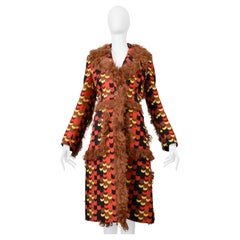 Prada 2014 Red Multicolor Graphic Print Coat With Orange Shearling Trim