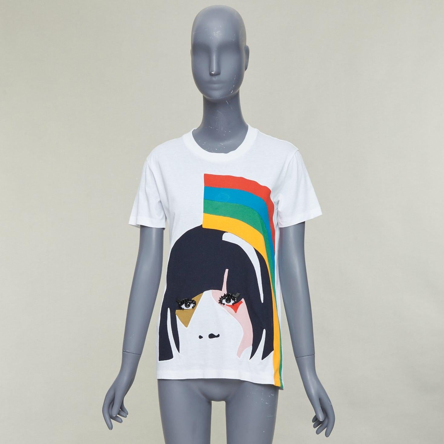 PRADA 2014 rojo amarillo azul arco iris pestañas cara camiseta algodón S en venta 4