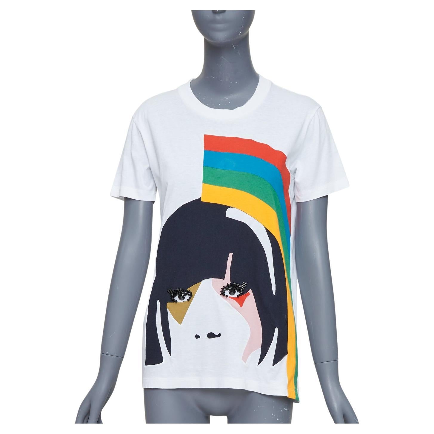PRADA 2014 rouge jaune bleu arc-en-ciel perles cils visage coton tshirt S