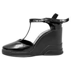 Prada 2014 Runway Black Leather T-Strap Wedge Heels Women 37.5 EU
