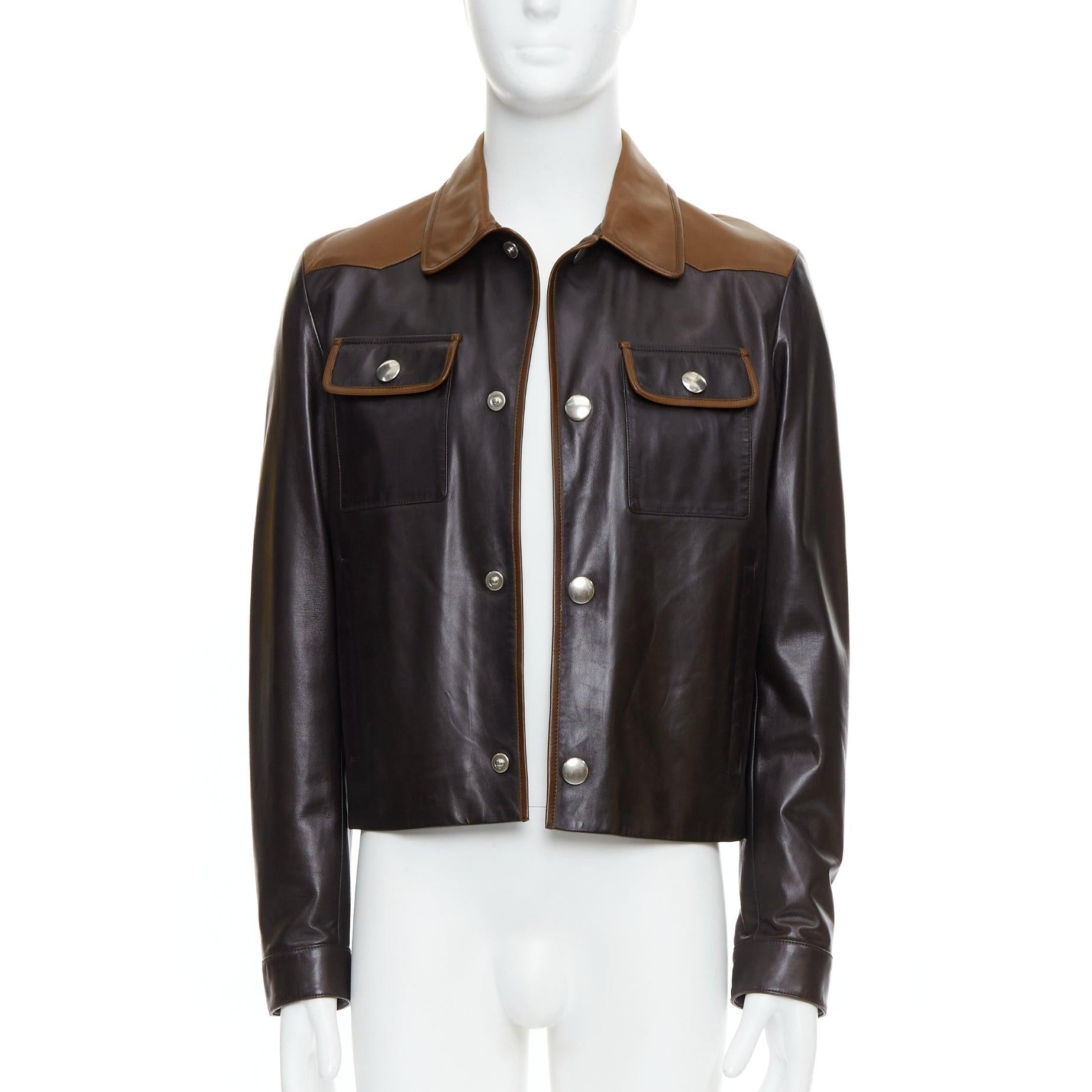 PRADA 2014 Runway brown tan bicolor lambskin leather pocket cropped jacket IT48 In Good Condition In Hong Kong, NT