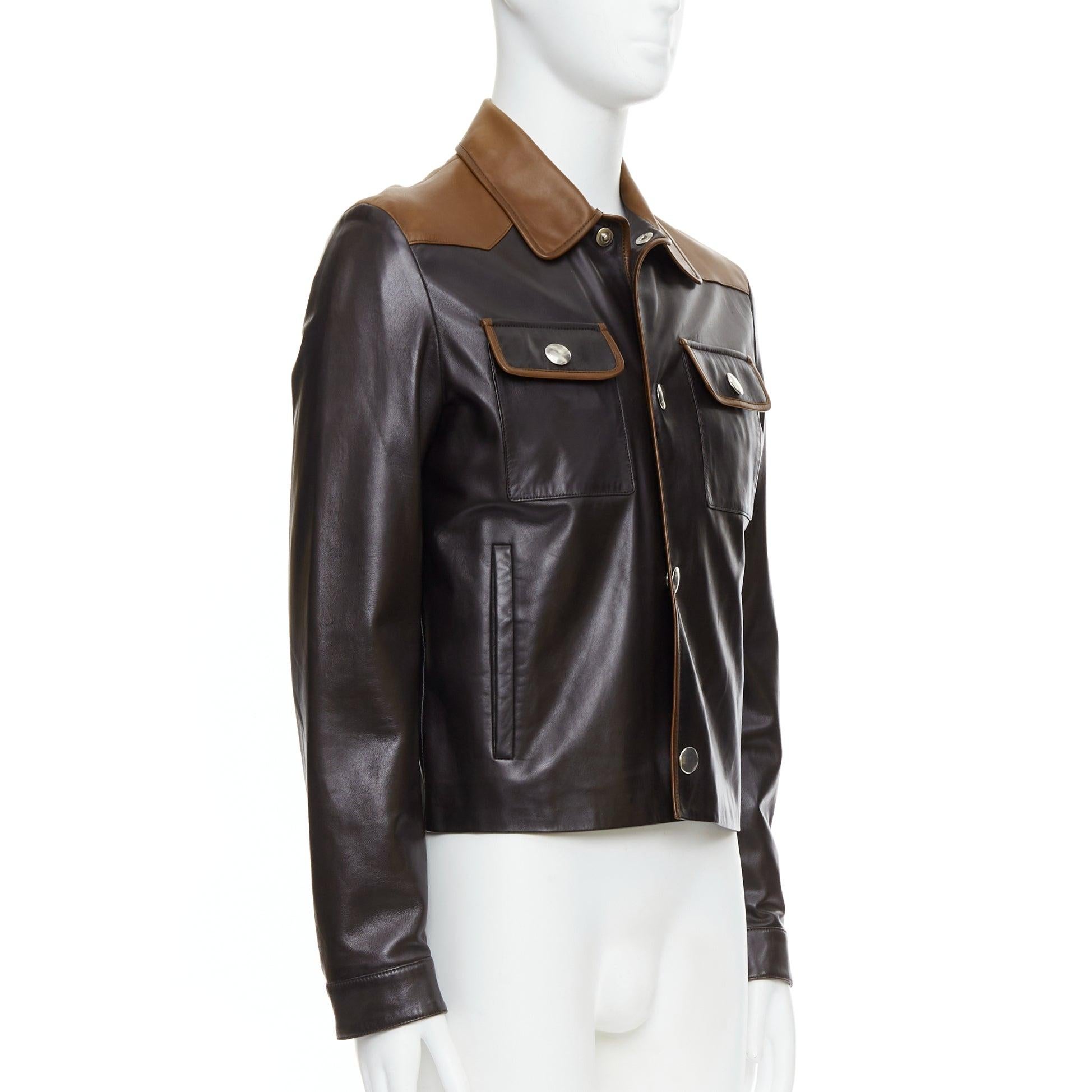 Men's PRADA 2014 Runway brown tan bicolor lambskin leather pocket cropped jacket IT48