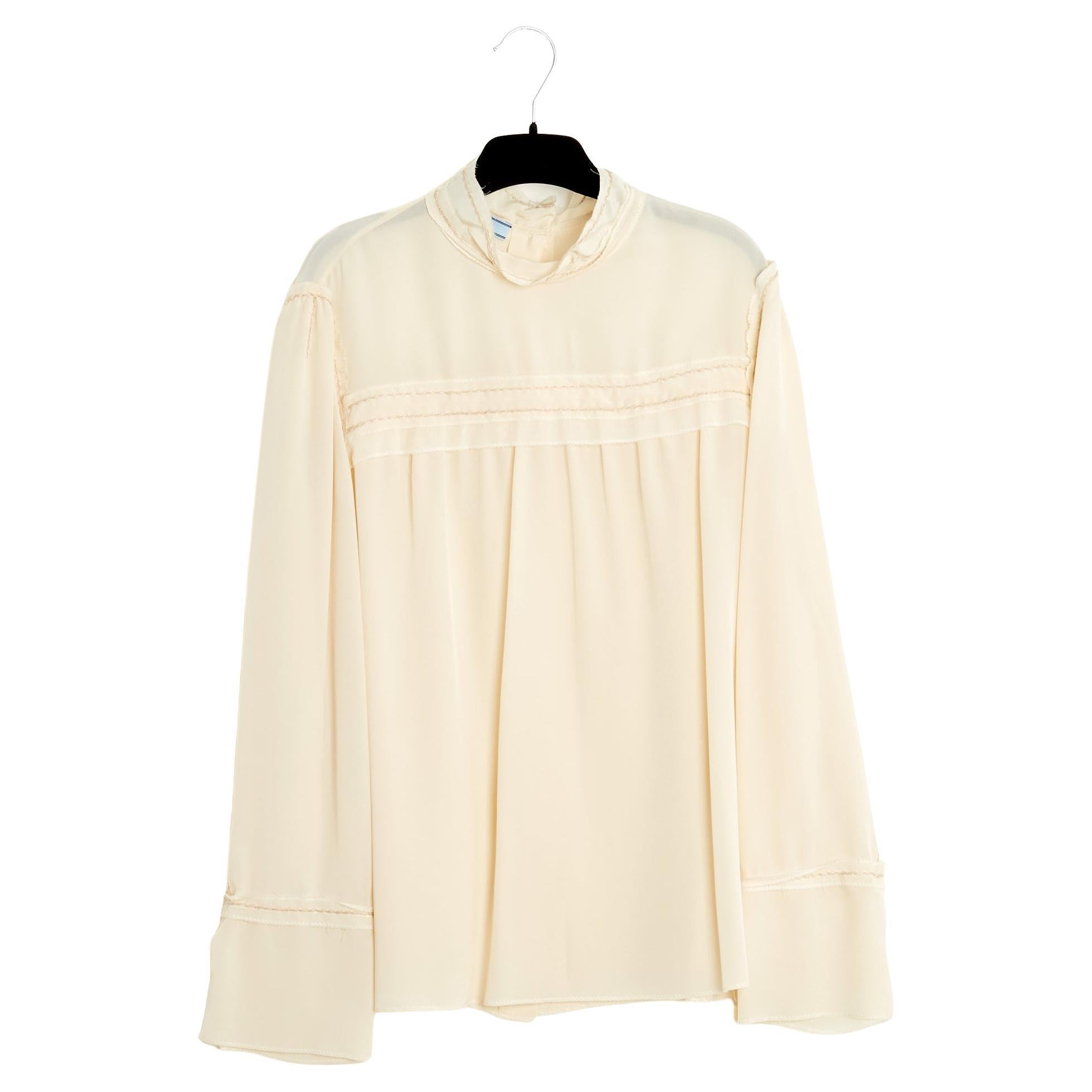 Prada 2014 Top soie écru FR40 Ecru Silk and beige Stitches Blouse UK12 US10 For Sale