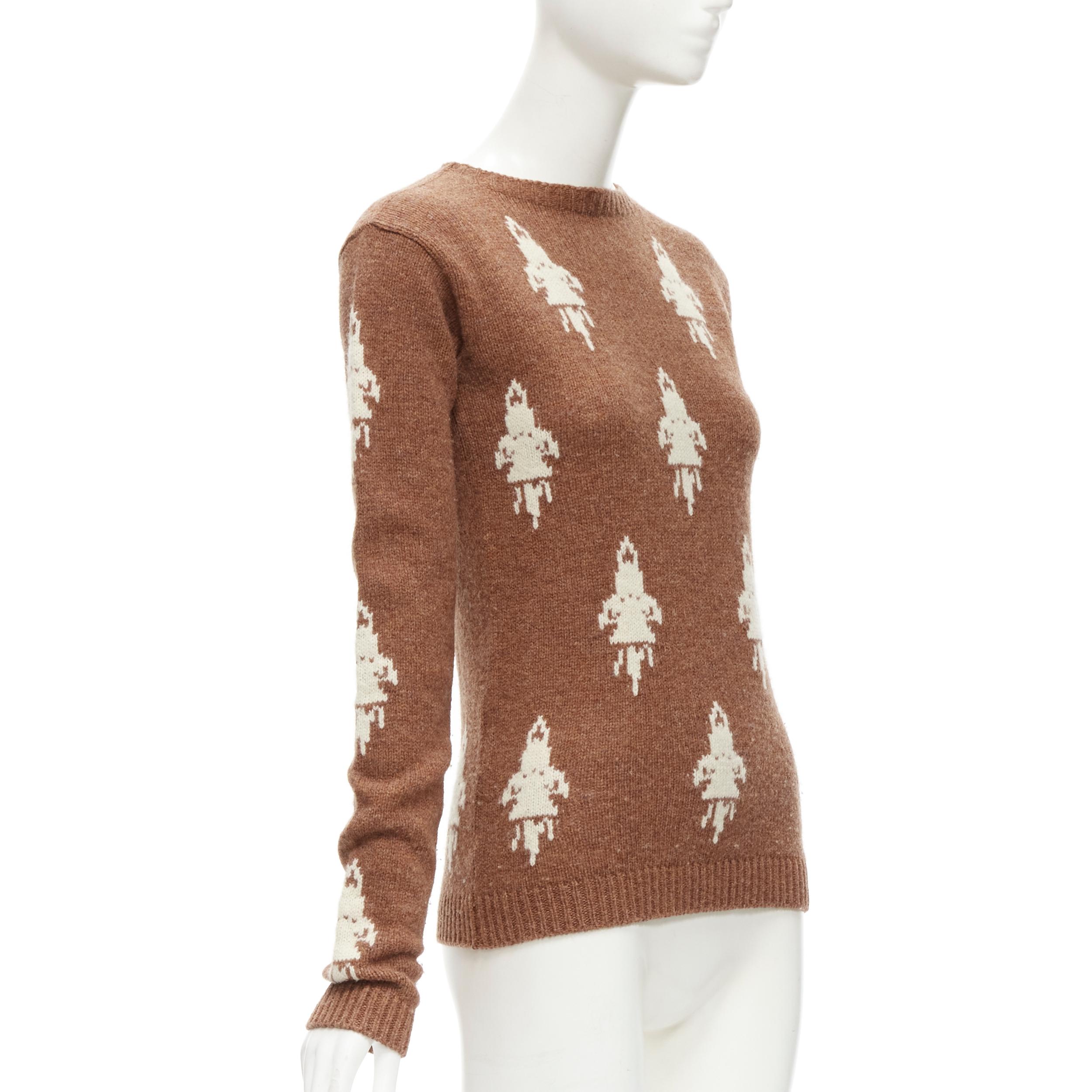 Brown PRADA 2015 100% shetland wool brown rocket intarsia sweater IT36 XXS For Sale